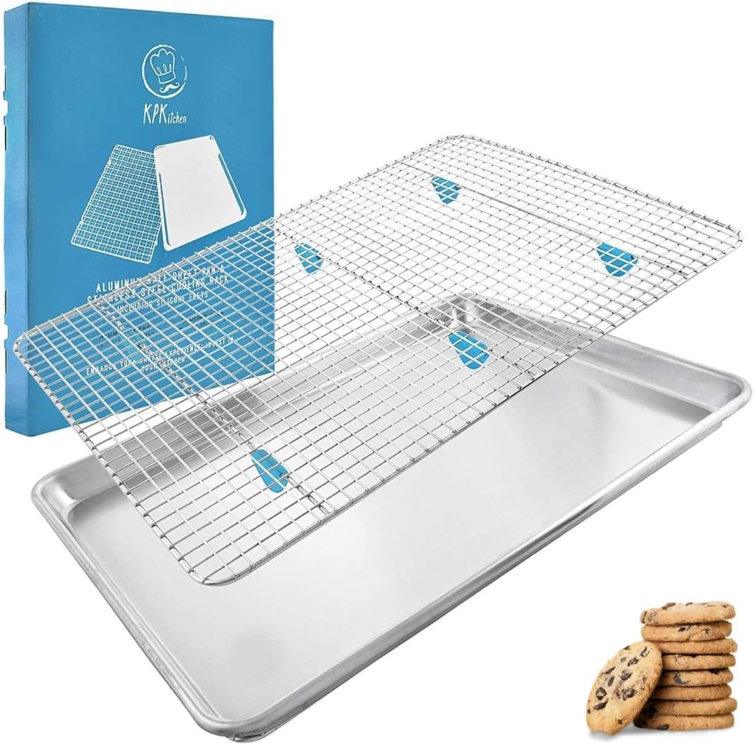 Baking Sheet with Wire Rack Set - Exclusive Silicone Feet Prevent Scratches - Bacon Rack for Oven - Aluminum Half Sheet Pans for Cooking with Stainless Steel Wire Baking Rack for Oven C