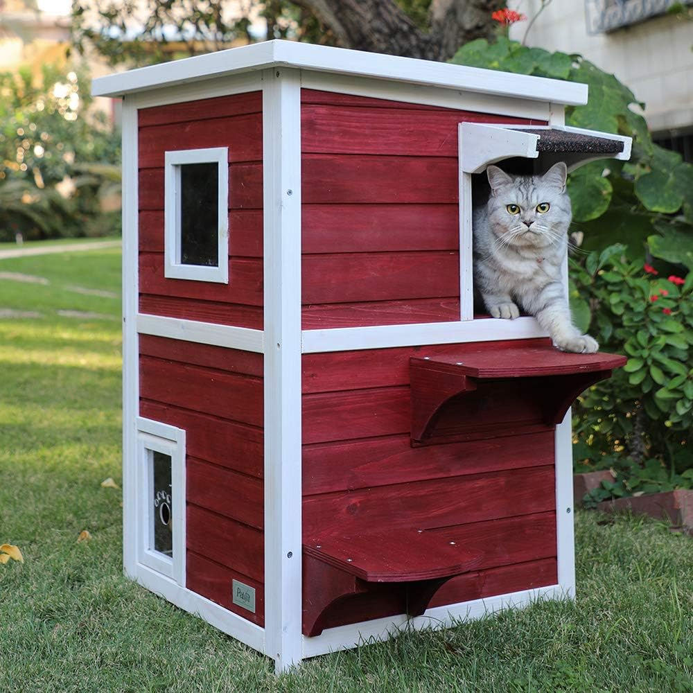 Petsfit 2-Story Weatherproof Outdoor Kitty Cat House/Condo/Shelter with Escape Door Red