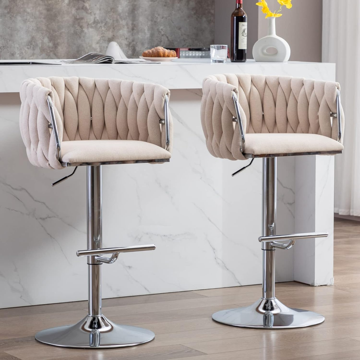 Velvet Bar Stools Set of 2, Counter Height Barstools with Low Back, Swivel Bar Stool for Kitchen Island, Pub (Black)