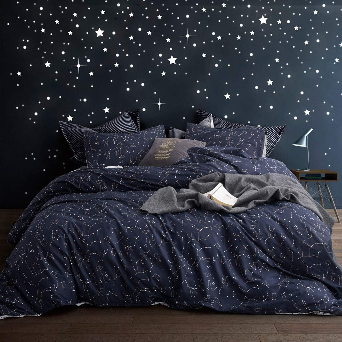 ECOCOTT Duvet Cover King, 3 Pieces 100% Natural Cotton 1 Duvet Cover +2 Pillowcases Bedding Set,Navy and Cosmic Constellation Reversible Printed Pattern Breathable and Durable Duvet Cover King Size