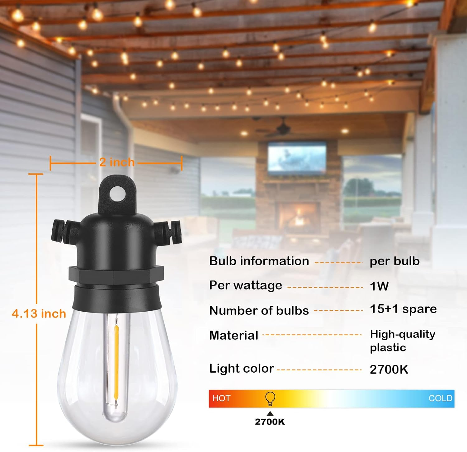 Outdoor LED String Lights 48FT - Shatterproof & Waterproof, Bright Patio Light