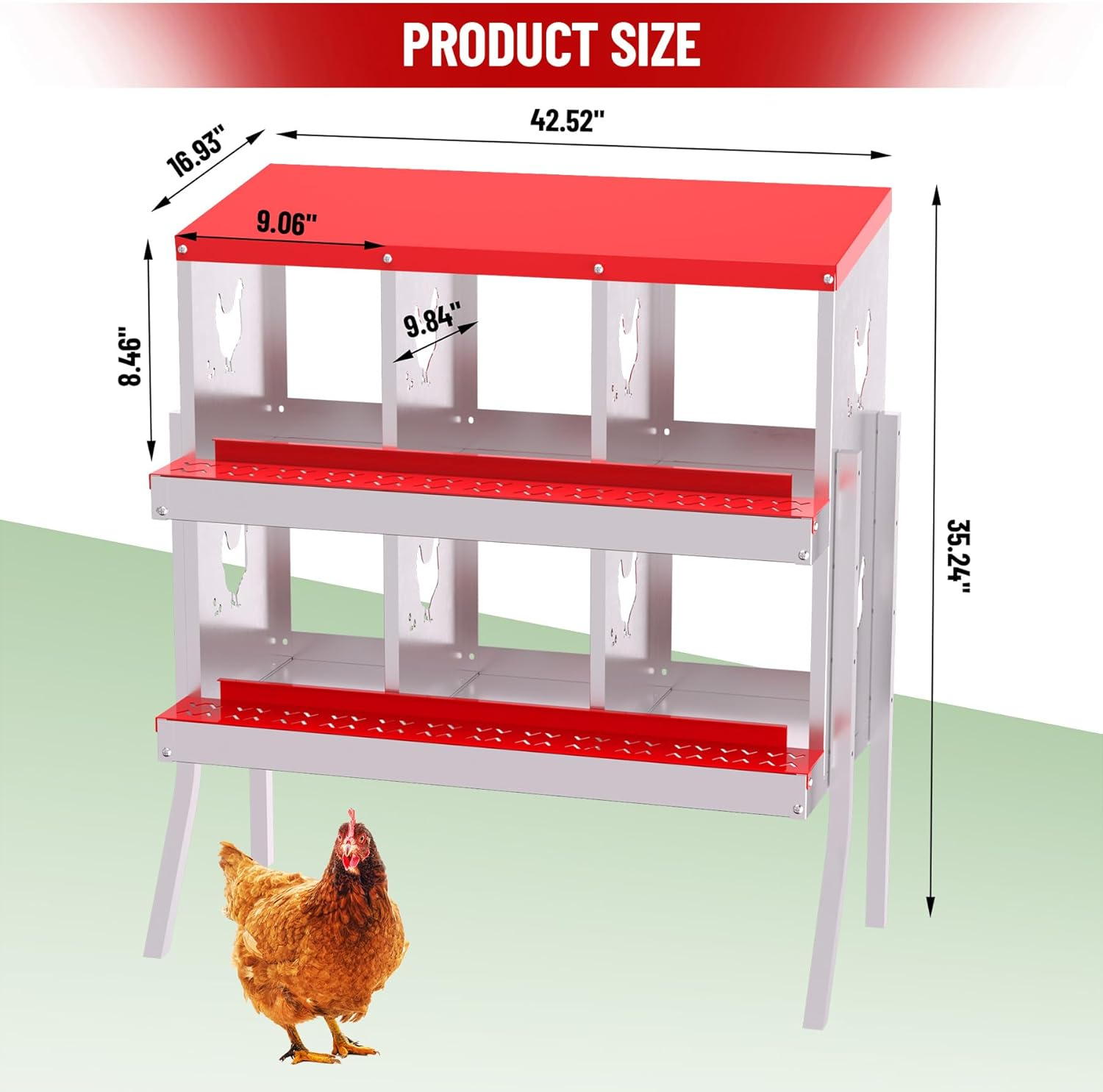 Nesting Boxes for Chickens, 6 Compartment Chicken Nesting Box with Metal Legs, Metal Chicken Laying Boxes with Perch, Secure Lid, Versatile Wall Mount or Free Standing for Hens, Red