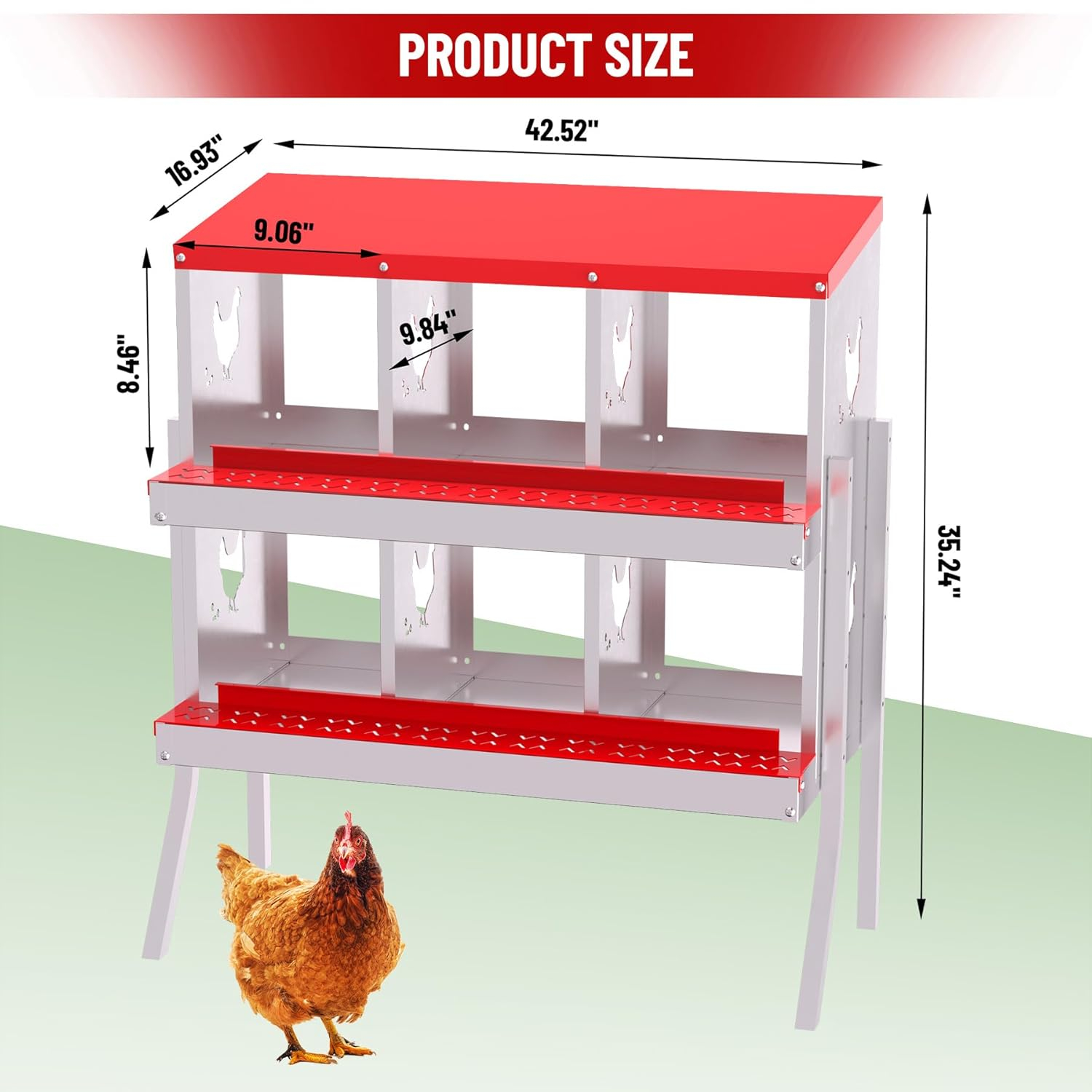 Nesting Boxes for Chickens, 6 Compartment Chicken Nesting Box with Metal Legs, Metal Chicken Laying Boxes with Perch, Secure Lid, Versatile Wall Mount or Free Standing for Hens, Red