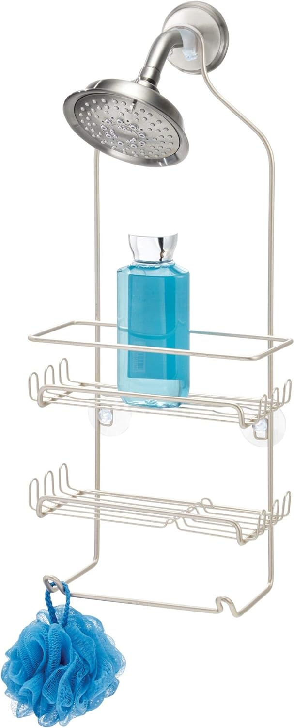 Satin Silver Metal Hanging Shower Caddy with Hooks and Towel Bar