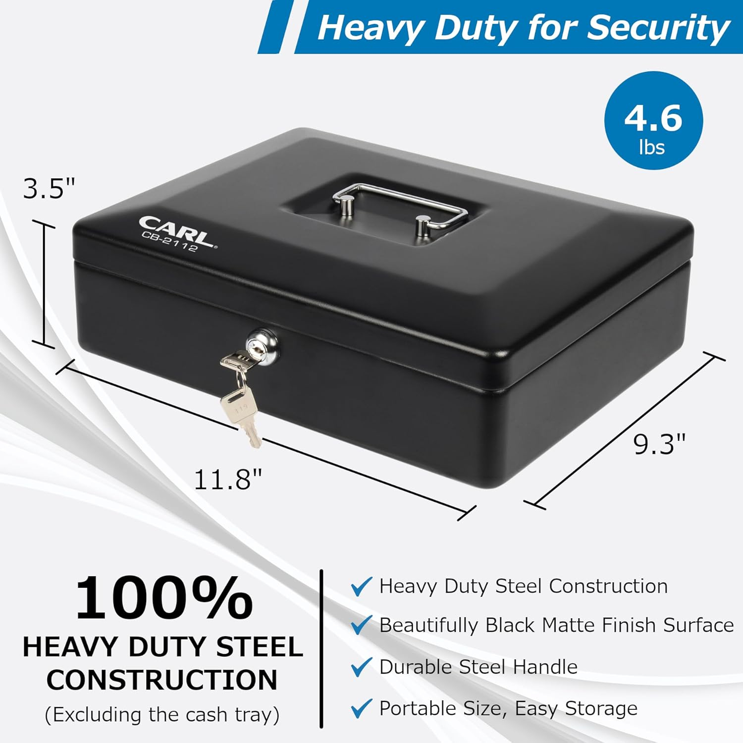 CARL Bill Tray Steel Security Cash Box - Steel - Black - 4" Height x 9" Width