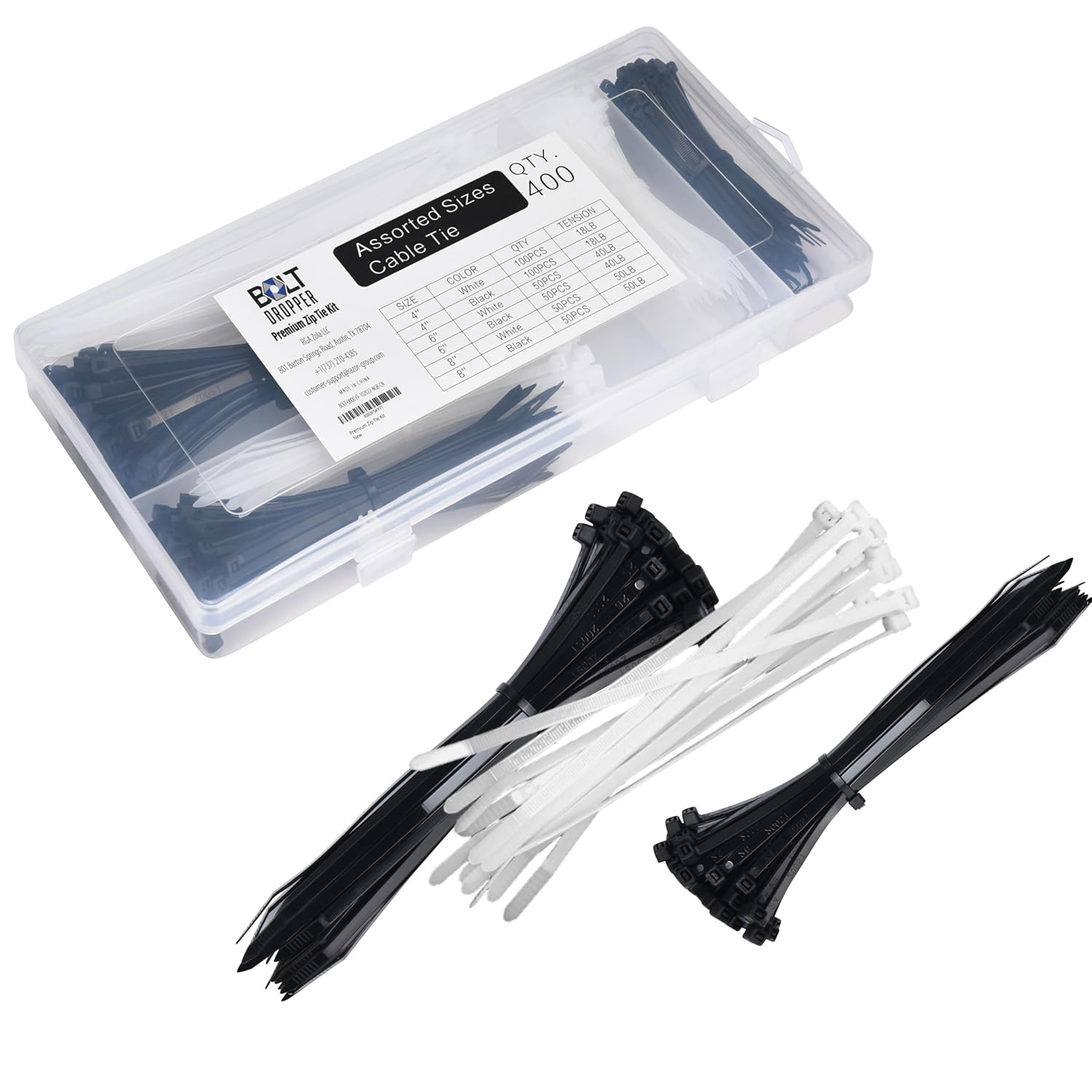 Bolt Dropper Zip Tie Kit 4" 6" 8" Black White 18lb To 50lb Tensile Strength 400 Pack