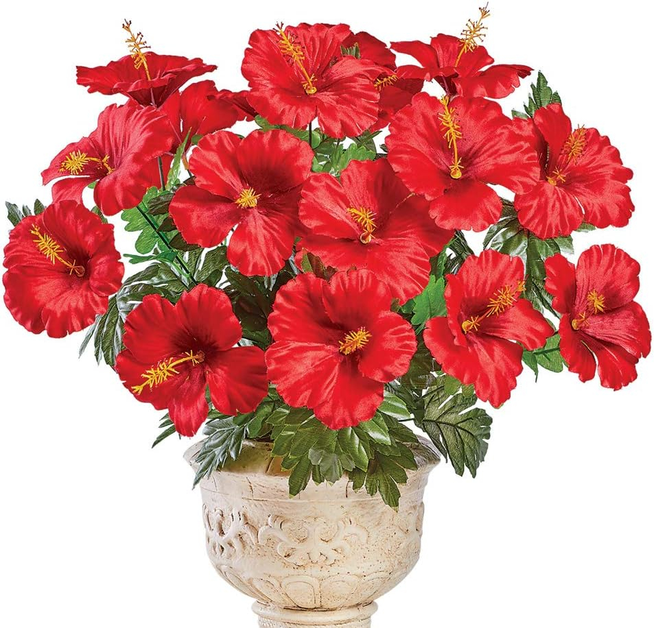 Collections Etc Bright Tropical Faux Hibiscus Bushes - Set of 3, Outdoor or Indoor Decorative Accent
