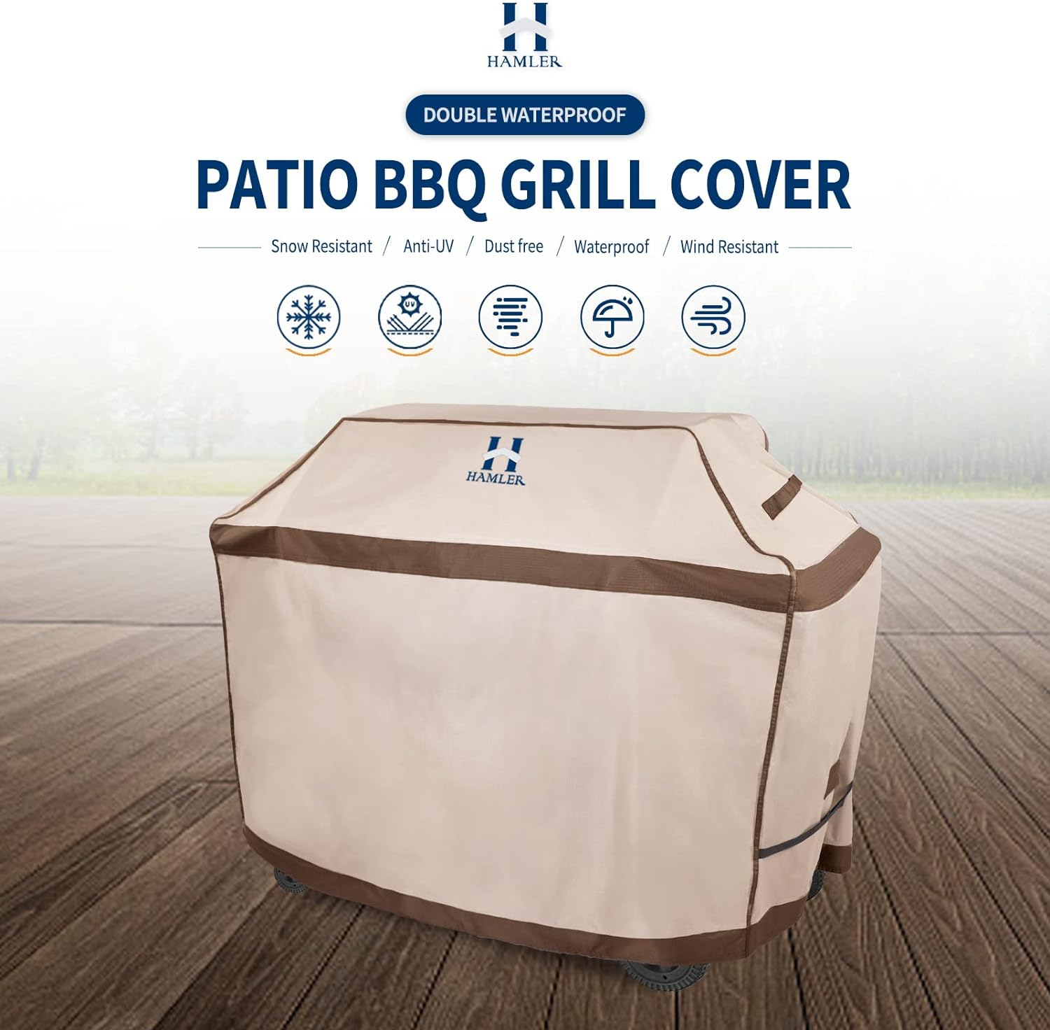 HAMLER Grill Cover 64 Inch, Heavy Duty Waterproof BBQ Covers, Gas Grill Covers Fits Weber Spirit, Weber Genesis, Char-Broil,Nexgrill, Brinkmann, Brown & Beige