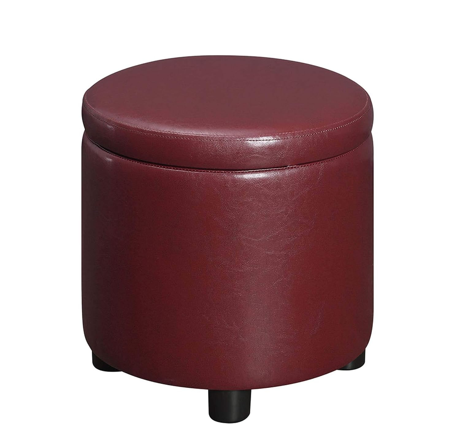 Burgundy Faux Leather Round Storage Ottoman with Reversible Tray