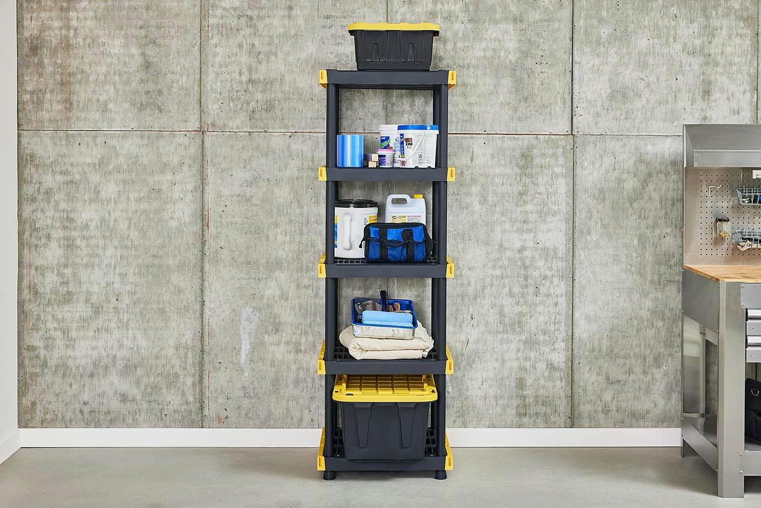 BLACK & YELLOW®, 5-Tier Heavy Duty Plastic Storage Shelving Unit, 100lbs/shelf (72”H x 24”W x 20”D), for Indoor/Outdoor Organization, Modular Rack