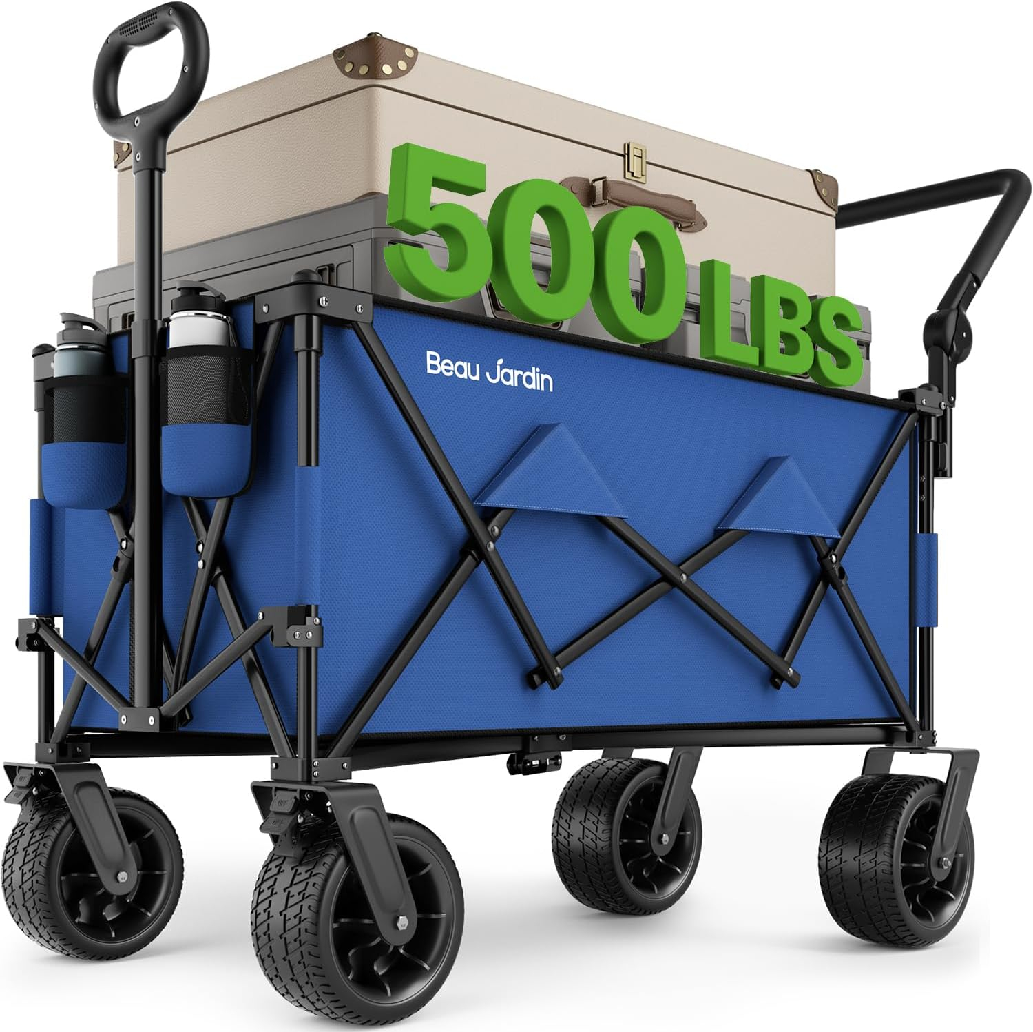 BEAU JARDIN Collapsible Folding Wagon 300 Pound Capacity Heavy Duty Foldable Beach Wagon Cart Grocery Utility Wagon for Garden Sports Shopping Outdoor All Terrain Wheel Portable Black