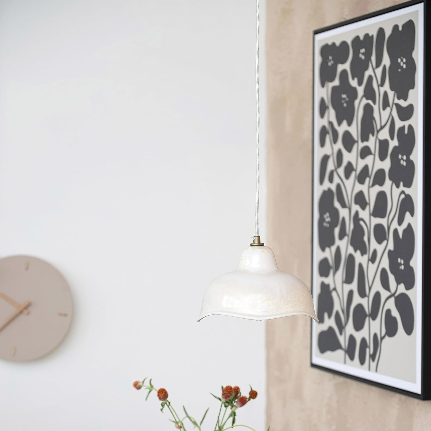 Creative Co-Op Round Stoneware and Wood Wall Clock, Beige and Natural