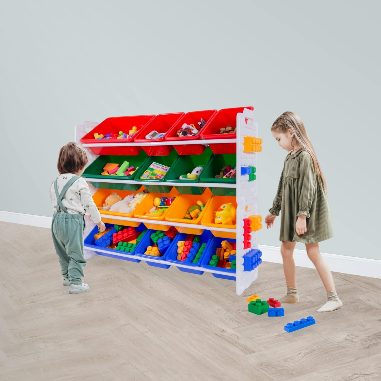 UNiPLAY Toy Organizer With 16 Removable Storage Bins, Multi-Bin Organizer for Books, Building Blocks, School Materials, Toys with Baseplate Board Frame (Primary)