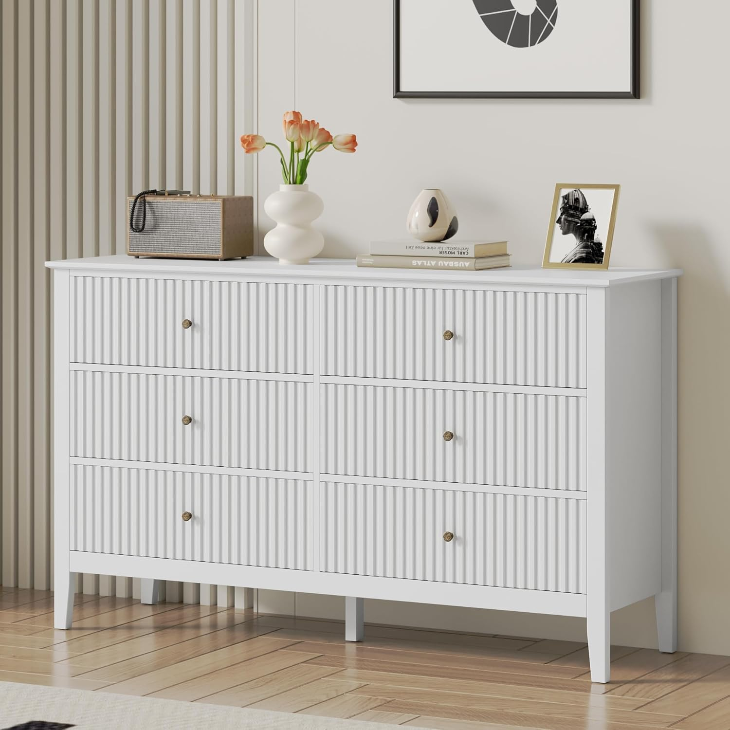 RoyalCraft White Fluted 6 Drawer Dresser for Bedroom, Modern Chest of Drawers, Wood Dresser for Storage Clothes, Wooden Storage Cabinet for Bedroom, Hallway, Living Room, Entryway