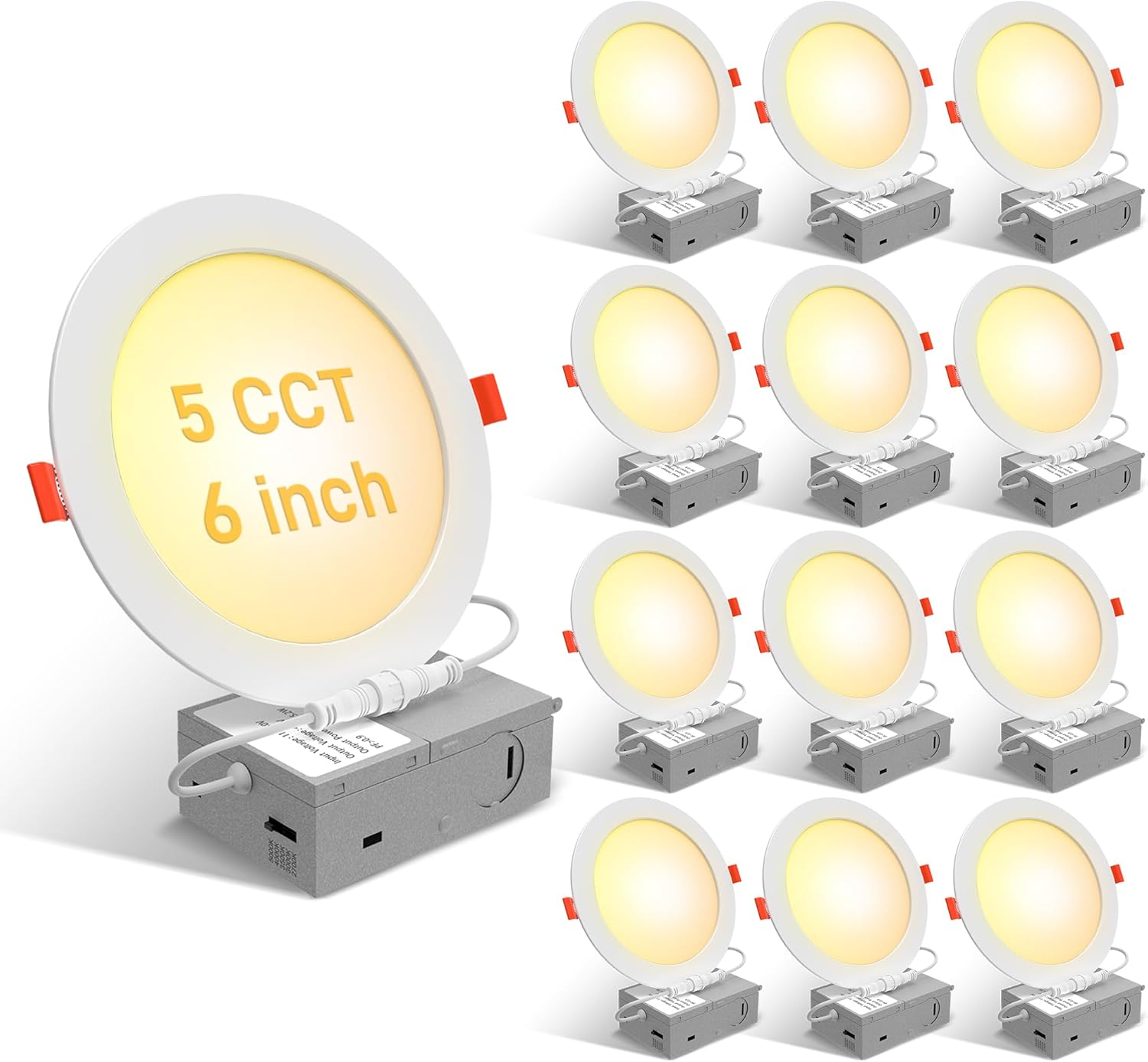 12 Pack 6 Inch 5CCT Ultra-Thin LED Recessed Ceiling Light with Junction Box, 2700K/3000K/3500K/4000K/5000K Selectable, 1050LM Brightness, Dimmable Canless Wafer Downlight, 12WEqv110W-ETL&FCC