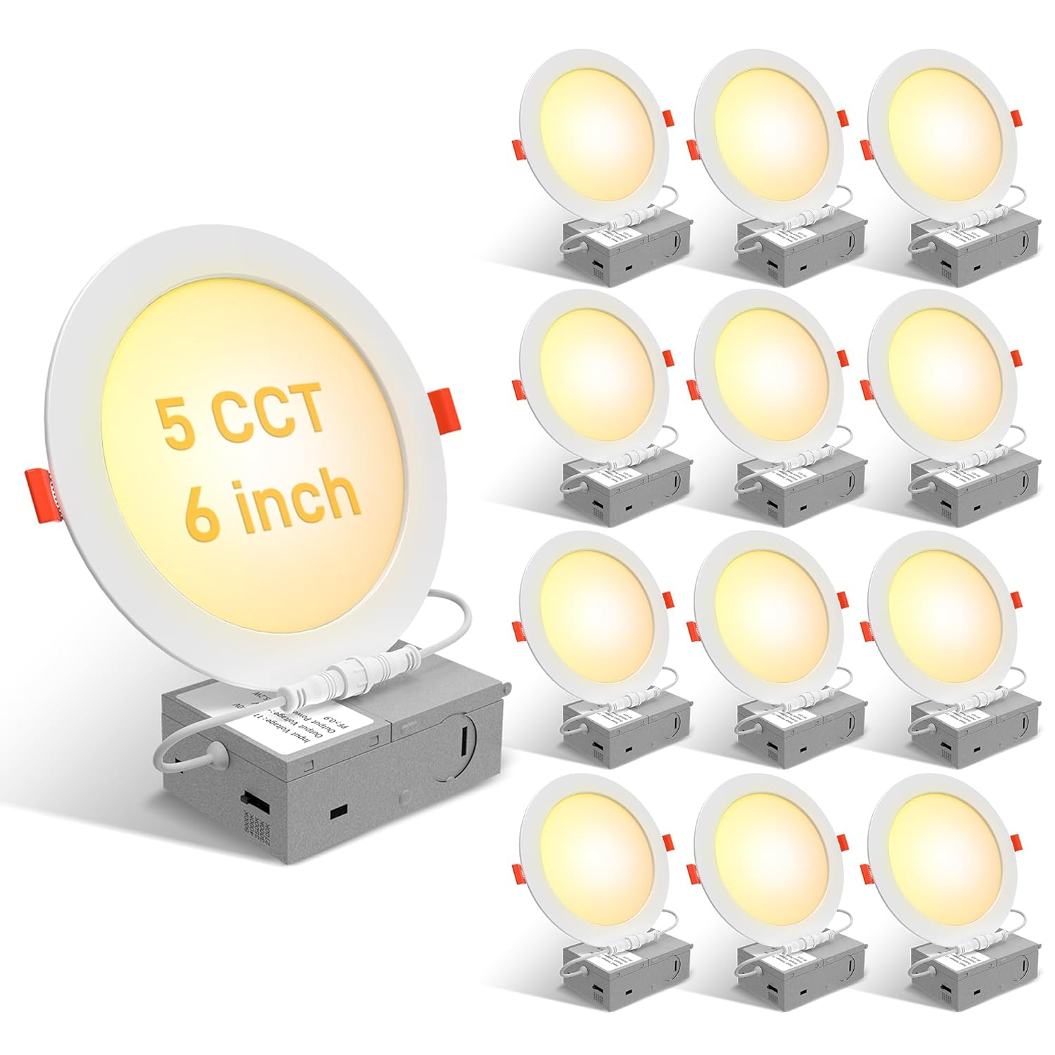 12 Pack 6 Inch 5CCT Ultra-Thin LED Recessed Ceiling Light with Junction Box, 2700K/3000K/3500K/4000K/5000K Selectable, 1050LM Brightness, Dimmable Canless Wafer Downlight, 12WEqv110W-ETL&FCC