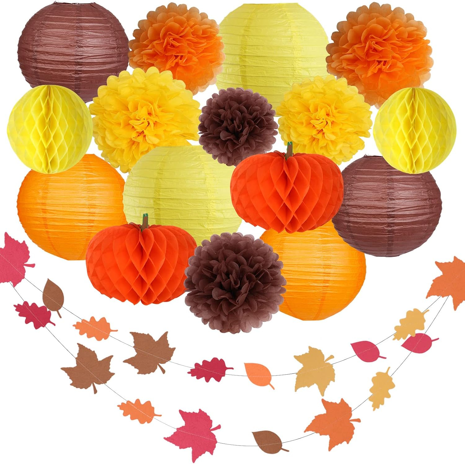 Thanksgiving Party Decorations Supplies Kit Hanging Paper Lantern Tissue Honeycomb Ball Pom Poms Flowers Pumpkins Maple Leaf Garland for Fall Birthday Baby Showers Home Decor Indoor Outdoor E11