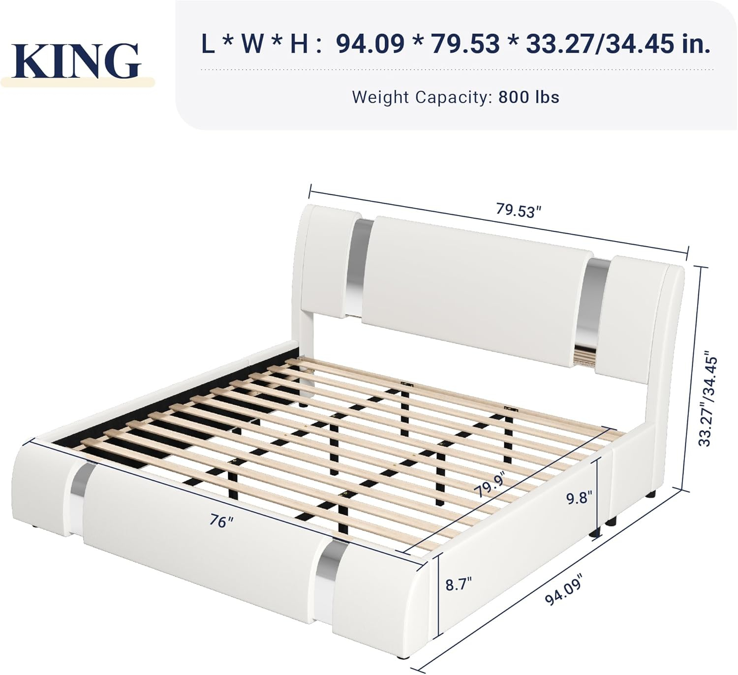 Allewie King Size Bed Frame with Iron Piece Decor, Faux Leather Upholstered Platform Bed with Curved Adjustable Headboard, Wooden Slats Support, No Box Spring Needed, Modern White