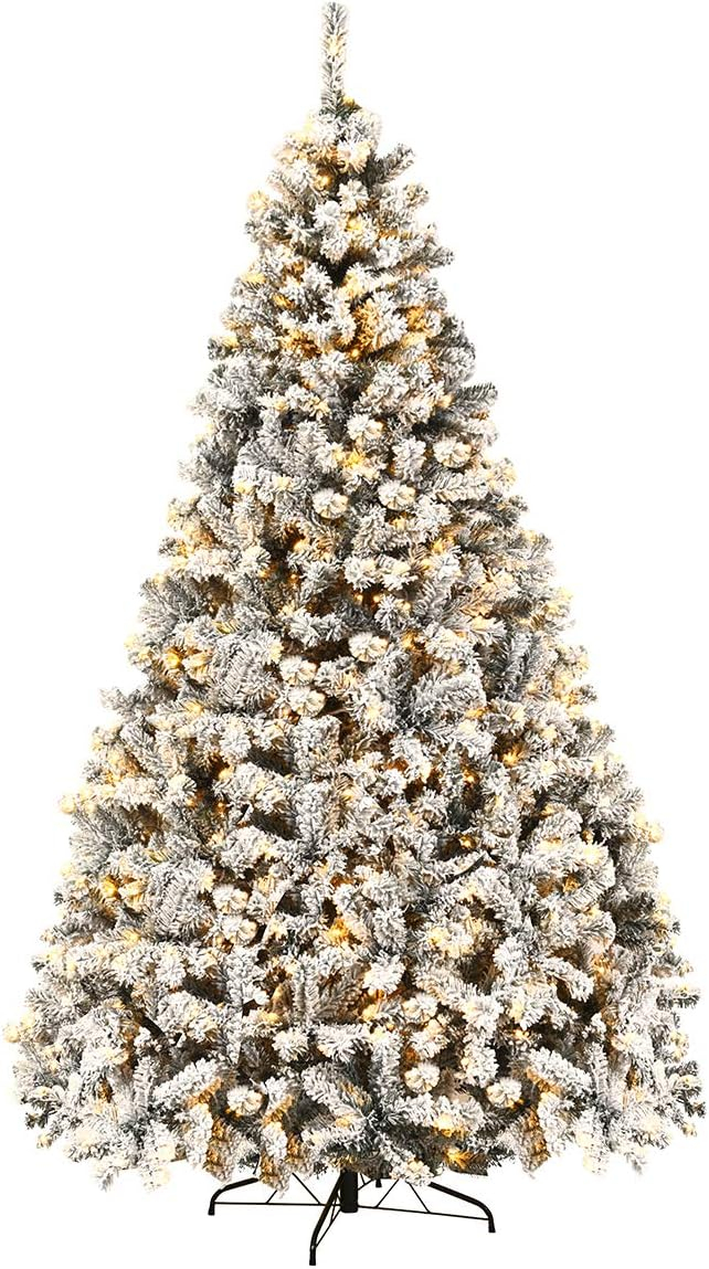 9-Foot White Flocked Pine Christmas Tree with Warm LED Lights