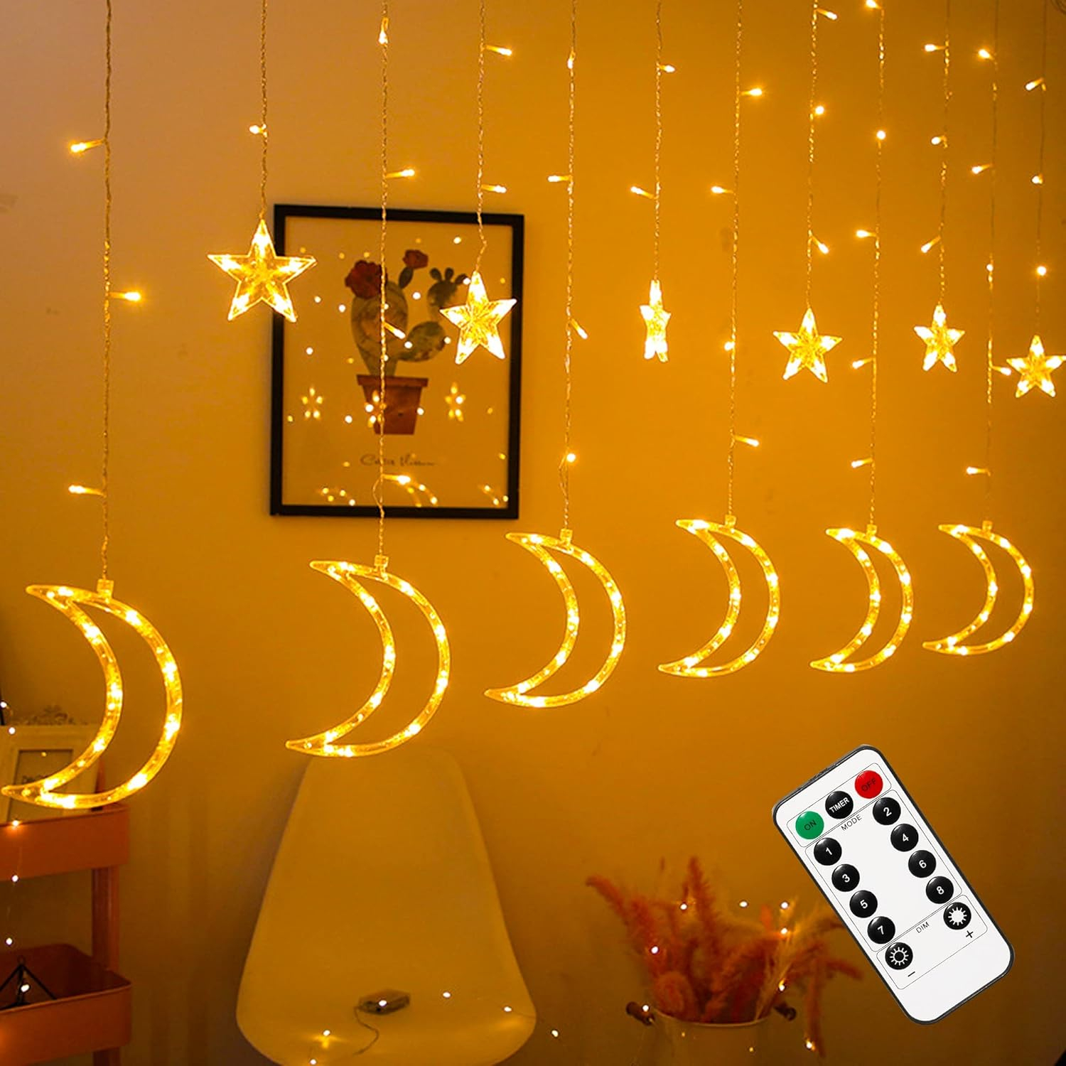 Warm White LED Star Moon Curtain Lights with Remote Control