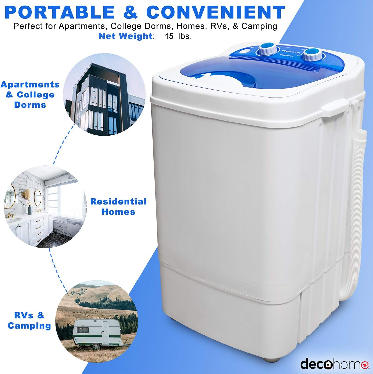 Deco Home Portable Washing Machine for Apartments, Dorms, and Tiny House with 8.8 lb Capacity, 250W Power, Wash and Spin Cycles, Includes Drainage Hose