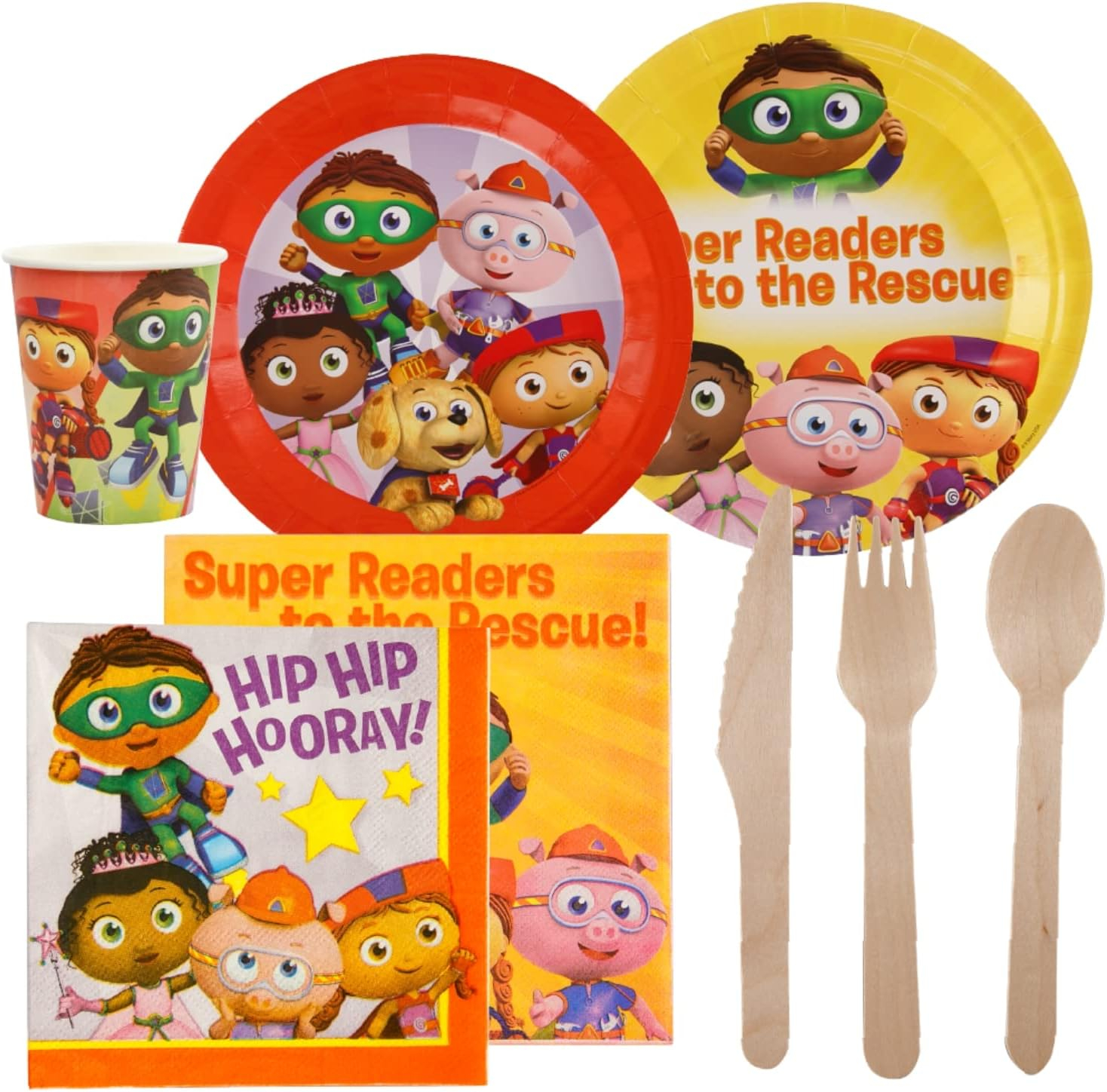 Super Why! Party In A Box Complete Party Kit: 8 Plates, 8 Dessert Plates, 20 Napkins, 8 Cups, 8 Favor Boxes, 24 Utensils, 1 Tablecloth, & 1 77" Banner - All Characters Included!