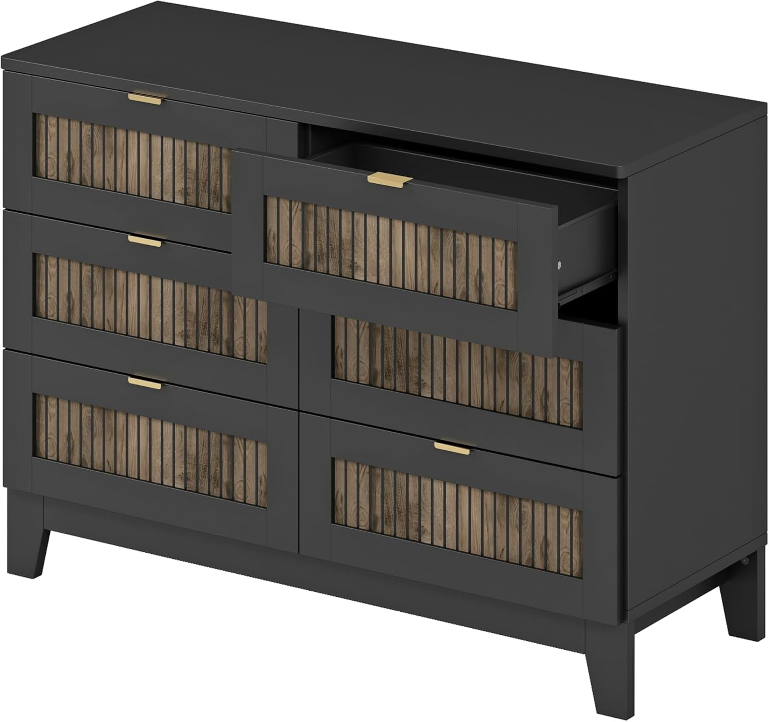 4 Pieces Bedroom Sets Queen Size Farmhouse Platform Bed with Wooden Strip Decoration, 2 Storage Nightstands and A 6-Drawer Dresser with Metal Handle for Kids Teens Adults - Black