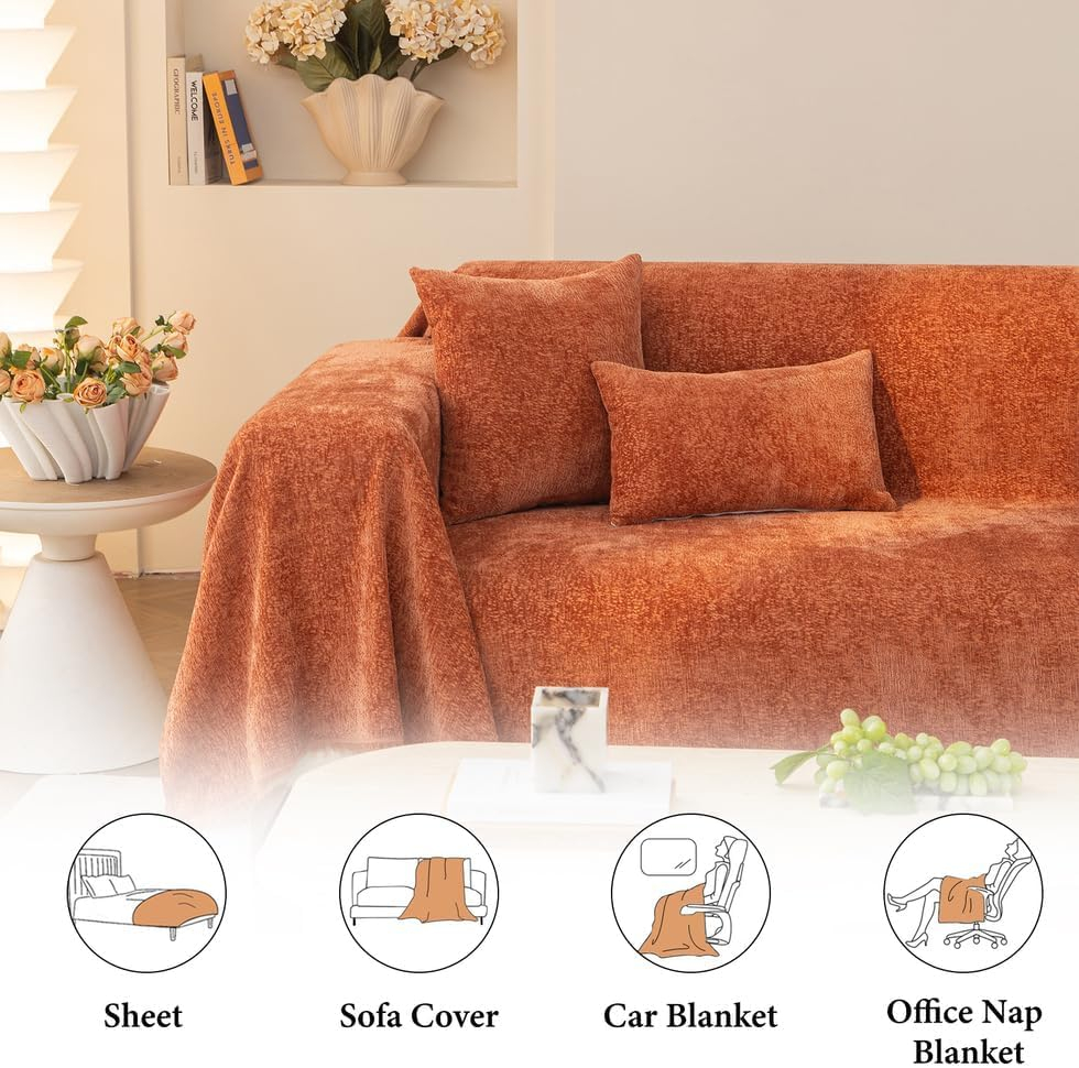 AMWAN Nordic Style Slub Chenille Sofa Cover Burnt Orange Couch Cover Slipcover for 3 Cushion Couch Sectional L Shaped Dogs Pets Sofa Protector 71"x134"