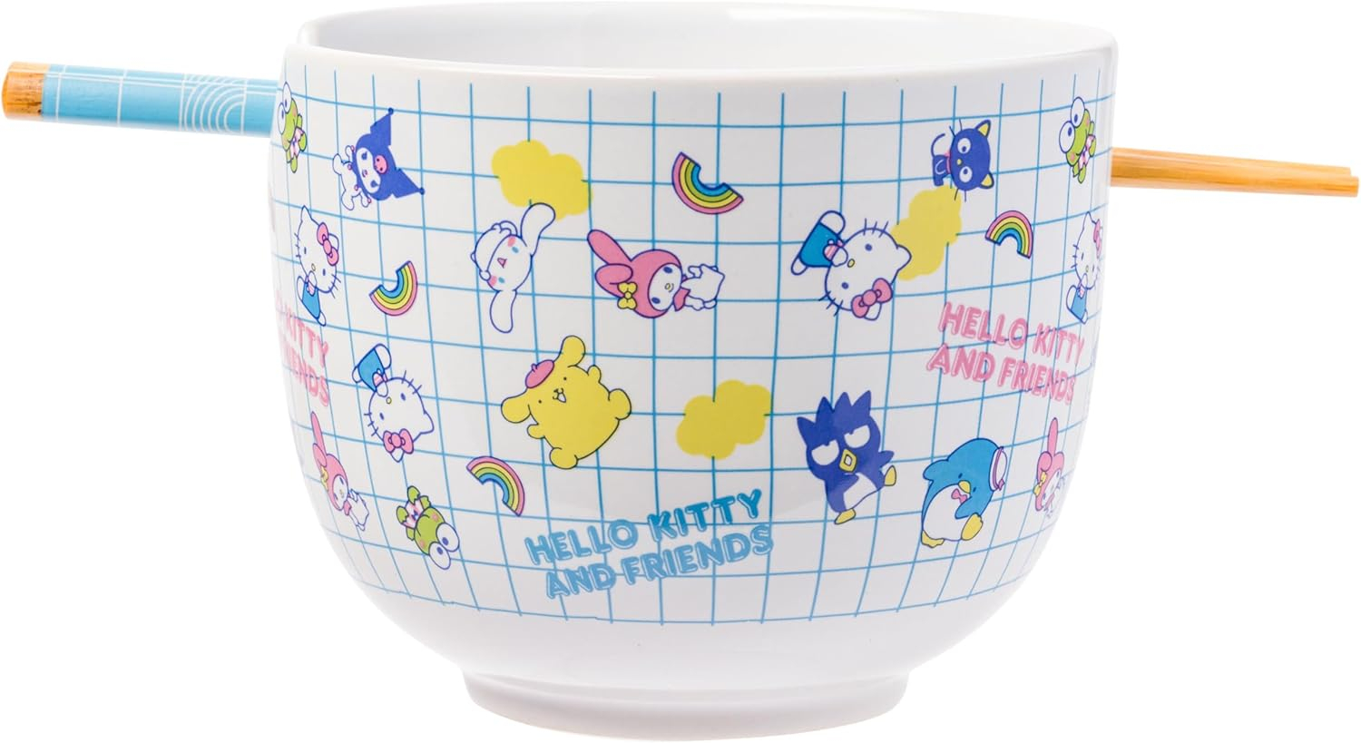 Silver Buffalo Hello Kitty and Friends Kuromi, Keroppi, Chococat, My Melody, Tuxedo Sam, Badtz-Maru, Tuxedo Sam, Pompompurin, Cinnamoroll Ceramic Ramen Noodle Rice Bowl with Chopsticks, 20 Ounces