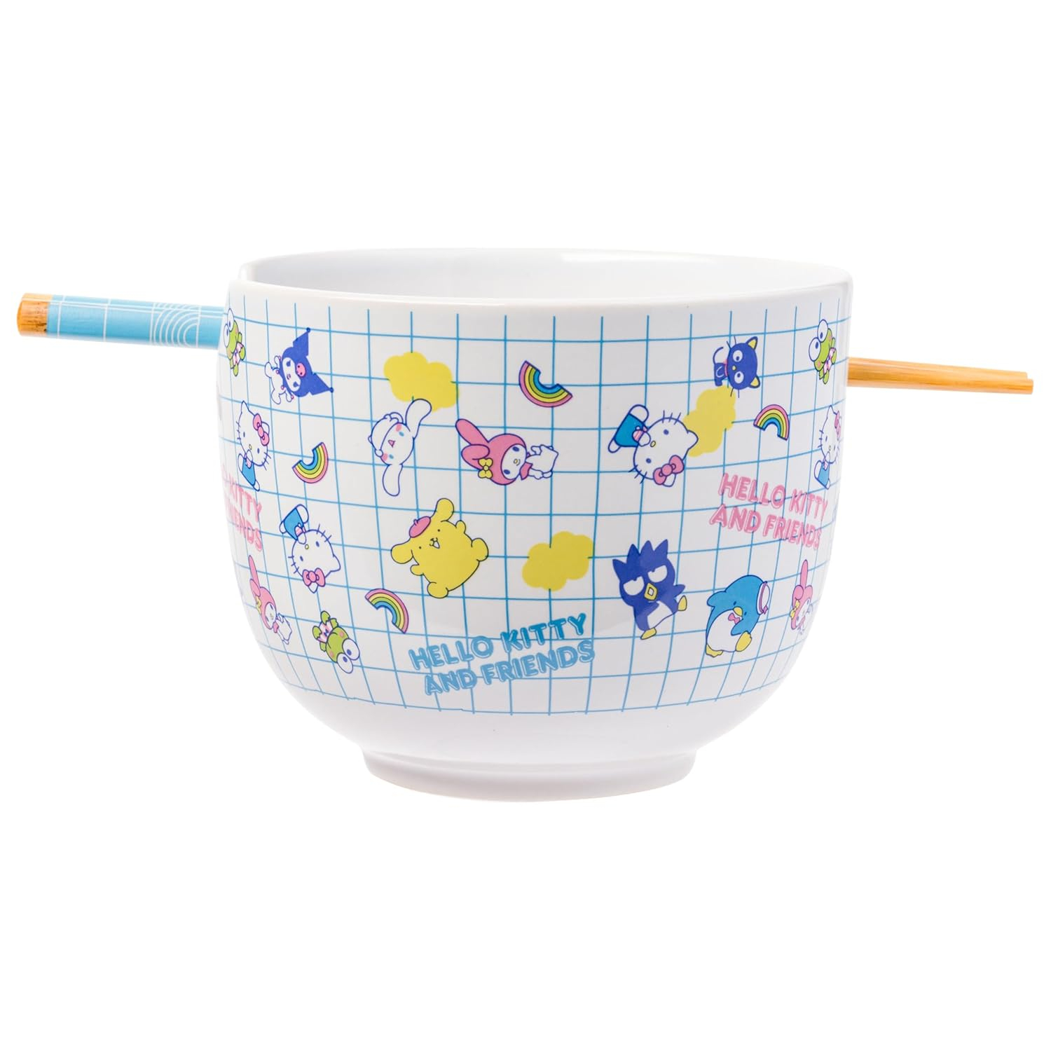 Silver Buffalo Hello Kitty and Friends Kuromi, Keroppi, Chococat, My Melody, Tuxedo Sam, Badtz-Maru, Tuxedo Sam, Pompompurin, Cinnamoroll Ceramic Ramen Noodle Rice Bowl with Chopsticks, 20 Ounces