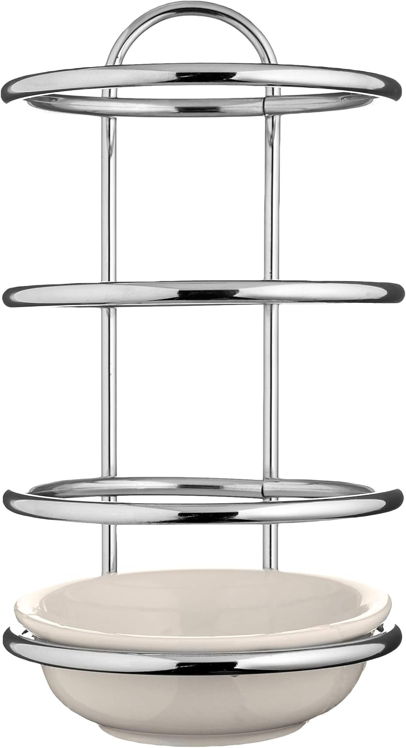 Spectrum Upright, Standing Spoon Rest With Ceramic Dish Utensil Holder for Stovetop & Kitchen Counter Organization, Modern Vertical Design, Chrome/White