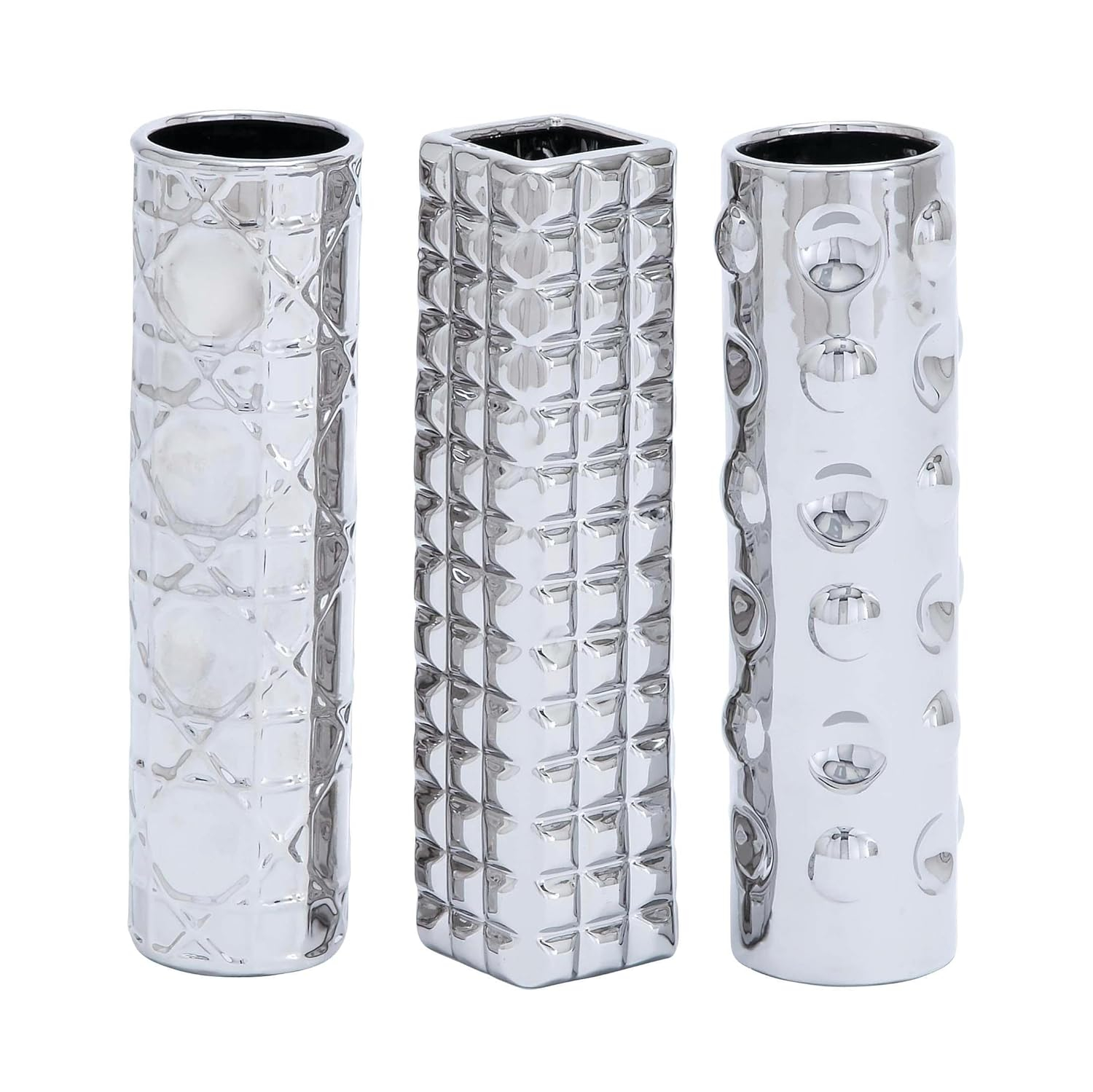 DecMode 4"W, 12"H Silver Ceramic Vase with Varying Patterns, Set of 3