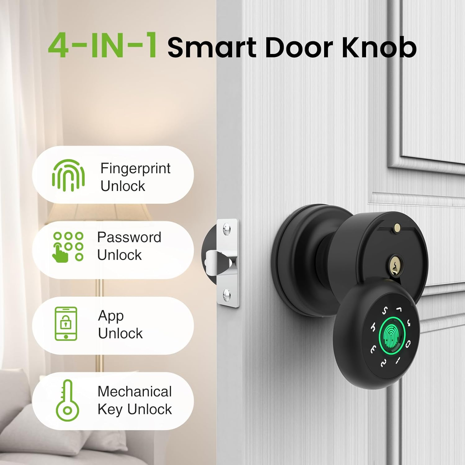 GHome 4 in 1 Smart Fingerprint Door Knob with Keypad Door Lock, Biometric Smart Door Knobs & App Control, Keyless Entry Door Lock Great for Home, Bedroom, Apartment Offices, Garages