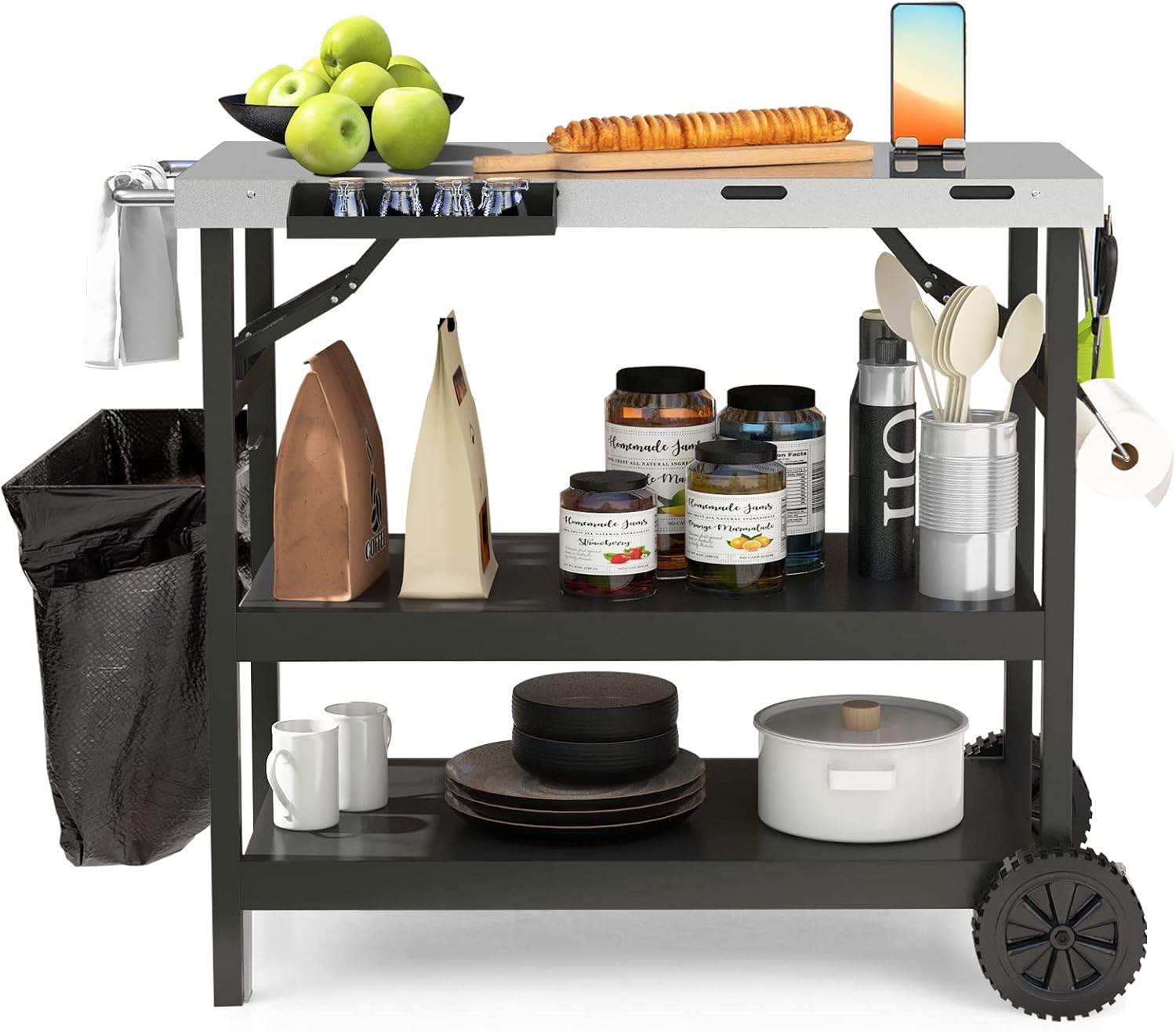 GOFLAME 3-Shelf Outdoor Grill Dining Cart, Movable Food Prep Cart Table with Adjustable Shelf, Stainless Steel Table Top, Kitchen Cart Island Table on 2 Wheels, Heavy Duty BBQ Flattop Worktable