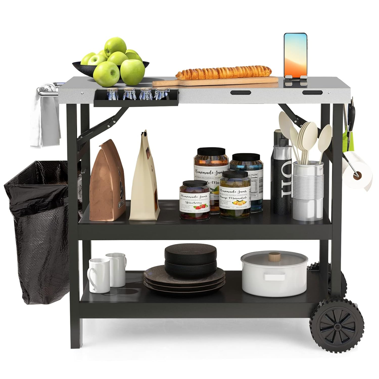 GOFLAME 3-Shelf Outdoor Grill Dining Cart, Movable Food Prep Cart Table with Adjustable Shelf, Stainless Steel Table Top, Kitchen Cart Island Table on 2 Wheels, Heavy Duty BBQ Flattop Worktable