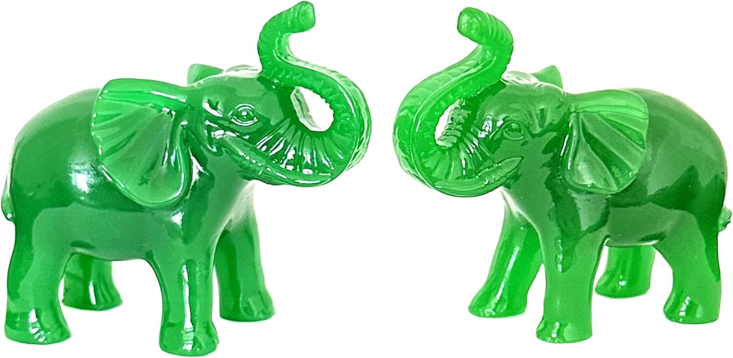 A Pair of Jade Green Color Feng Shui Trunk up Elephant Statue Figurine Home Office Decoration for Good Fortune