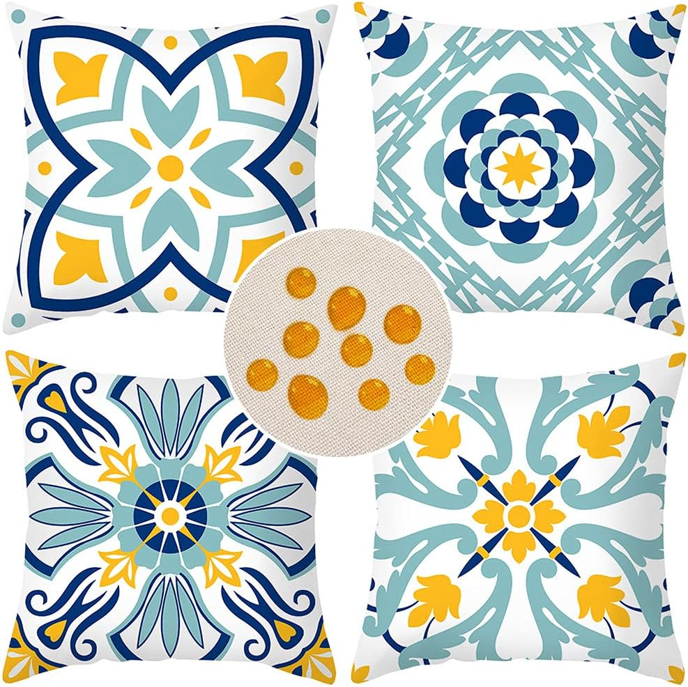 Outdoor Pillows, Outdoor Pillow Covers 18x18 Set of 4 Waterproof Decorative Throw Pillow Covers Boho Decorations for Patio, Garden, Balcony