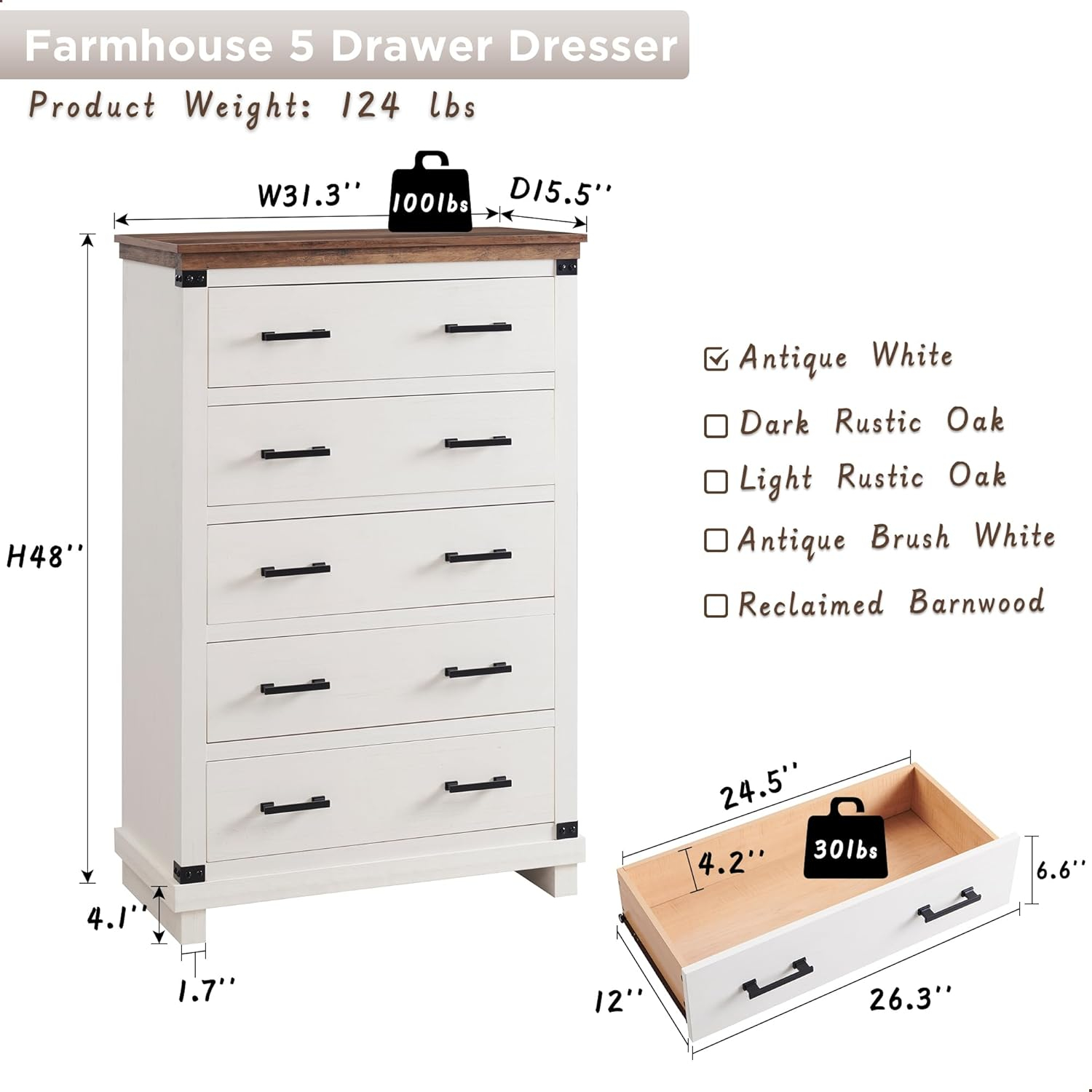 OKD Farmhouse 5 Drawers Dresser for Bedroom, Wood Tall Chest of Drawers with Thick Plank Styling, Rustic Closet Dresser for Bedroom, Living Room, Antique White