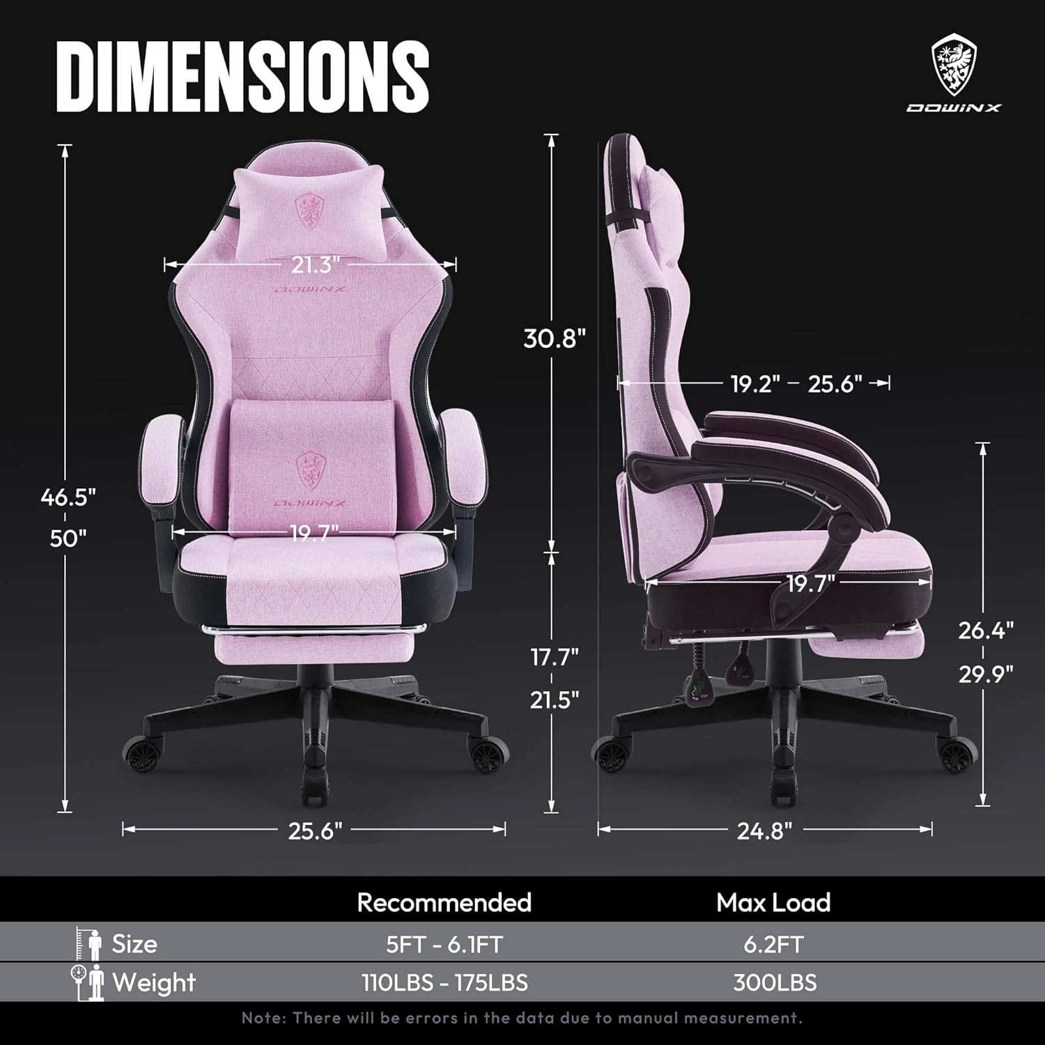 Dowinx Fabric Gaming Chair with Massage Lumbar Support, High Back Ergonomic Computer Chair with Footrest for Adult, Pink