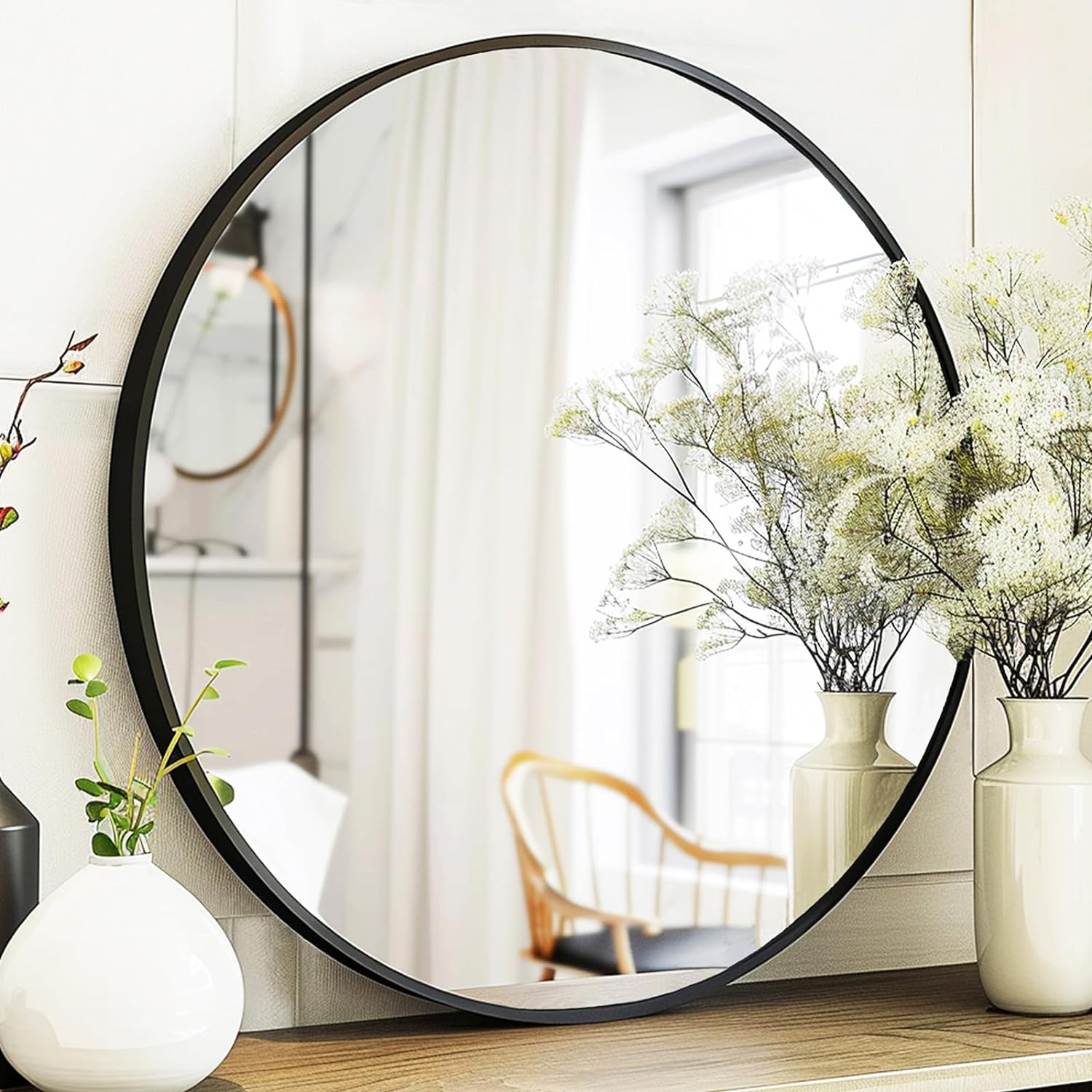 Black Round Mirror, Round Mirror 24 inch, Black Circle Mirrors Metal Frame, Wall Mounted Mirrors for Living Room, Bathroom, Wall, Entryway, Rustic.