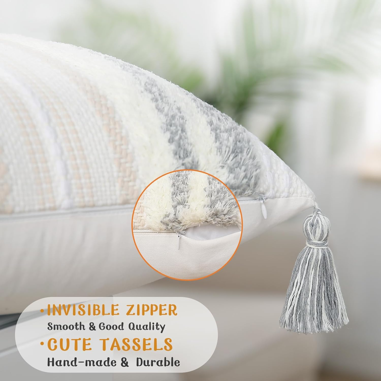 decorUhome 2 Pack Boho Decorative Throw Pillow Covers Tufted Woven with Tassel Series Pillow Case, 18x18, Light Grey