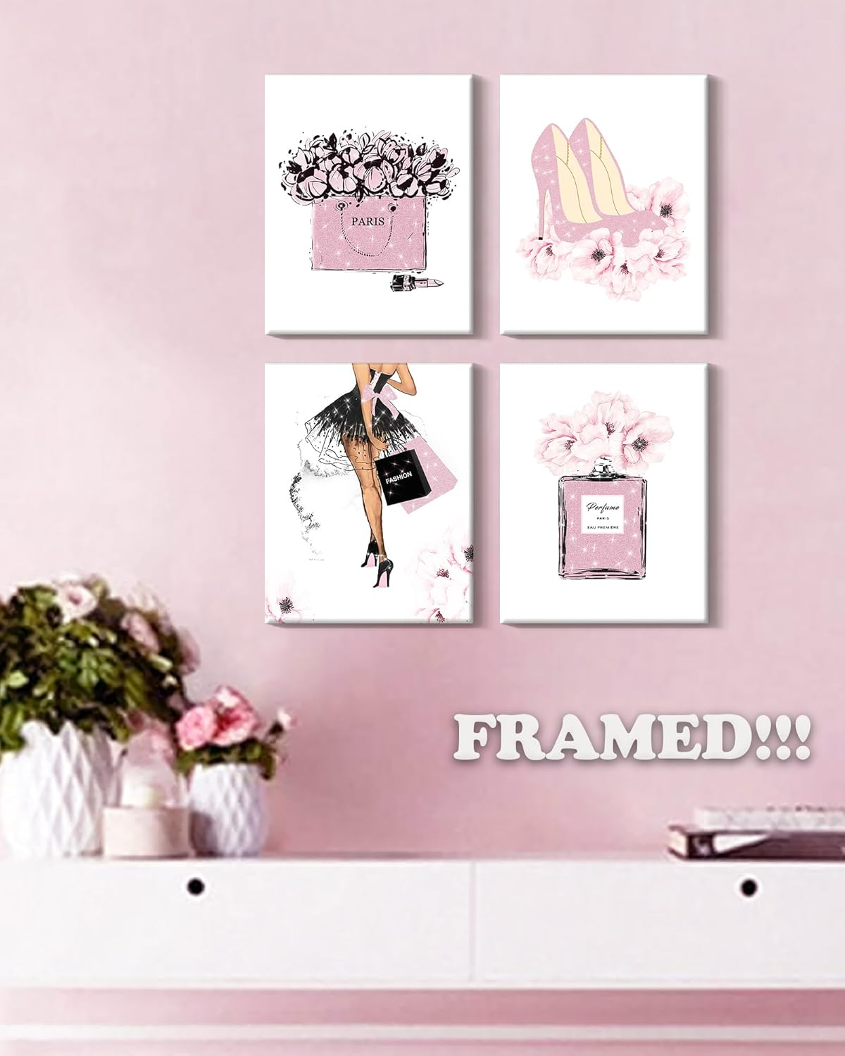 Drsoum Glam Pink Fashion Wall Decor,Woman Makeup Framed Wall Art,Hot Pink Girly Room Decor,Perfume Handbags High Heels Lipstick Wall Paintings Set of 4, 8x10 in (Framed)