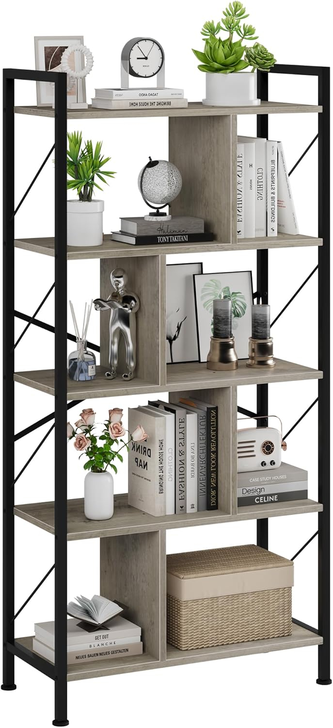 Amyove 5 Tier Bookshelf with Storage, 61 Inch Tall Industrial Book Shelf with Open Display Bookshelves, 5 Shelf Bookcase with Metal Frame for Living Room, Bedroom and Home Grey