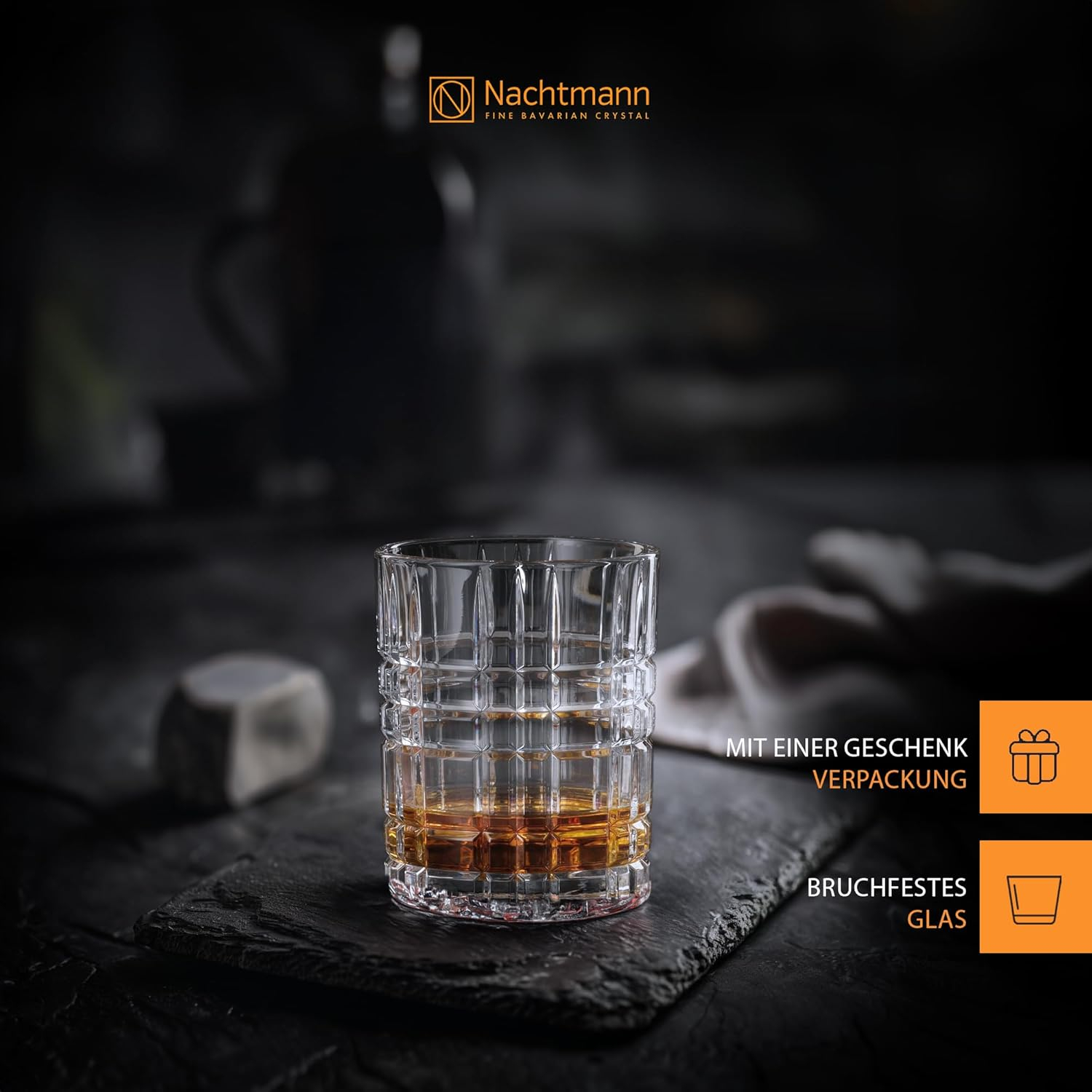 Nachtmann Square 11 Oz Whiskey Glass (Set of 4) - Crystal Double Old Fashioned Glasses, Modern Linear Rock Glasses for Cocktails & Bourbon, Dishwasher Safe Drinkware - Restaurant & Barware Essentials