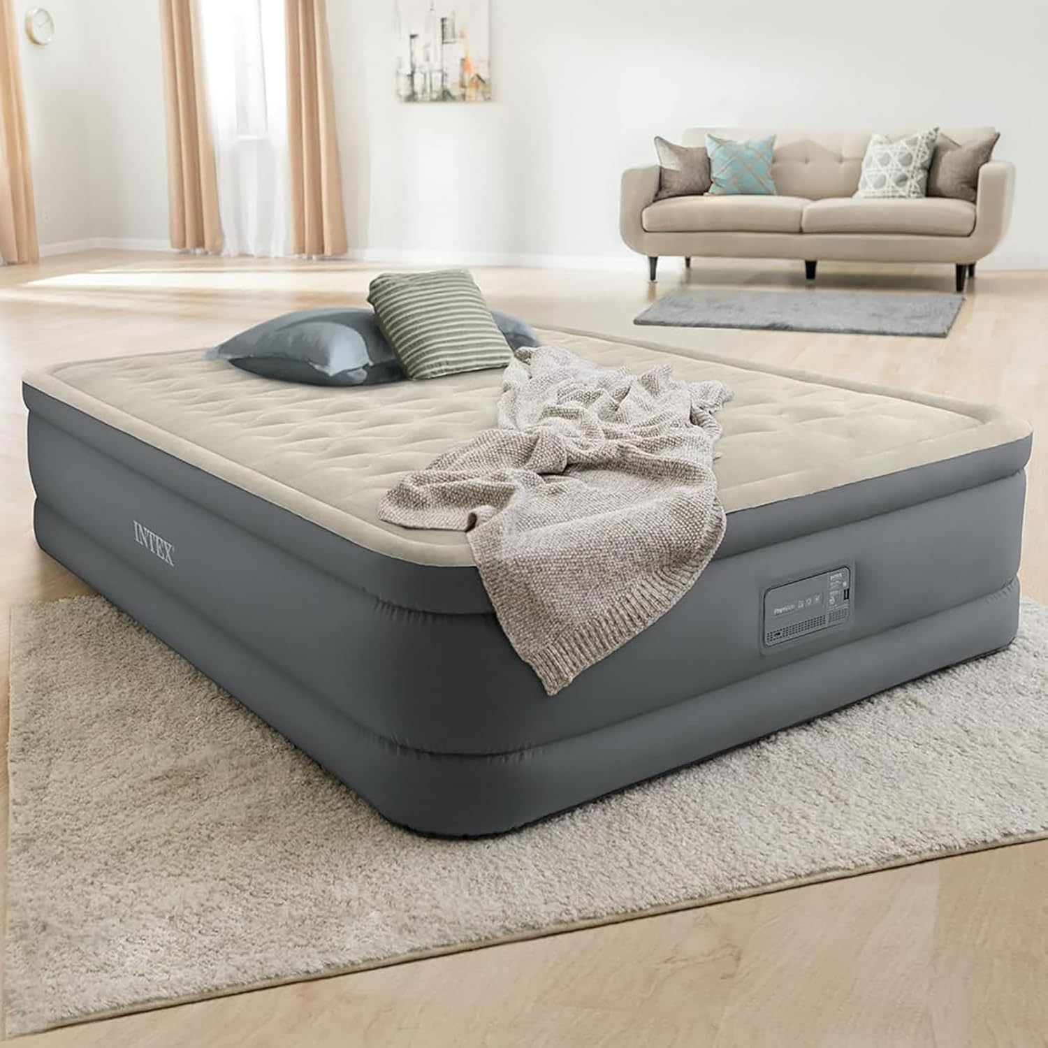 Intex: PremAire II Elevated Airbed - Queen - Gray, 18" Inflatable Air Mattress, Built-in Electric Pump, Firmness Control Button, 600lb Cap, 64925ED