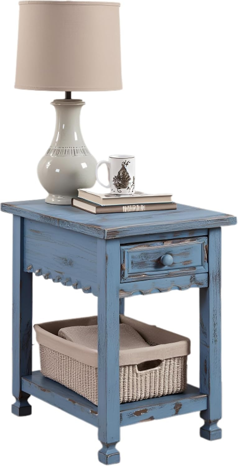 Alaterre Furniture Country Cottage Chairside End Table with 1 Drawer and 1 Shelf, Square Turned Legs, Farmhouse Style for Living Room, Antique Blue Finish