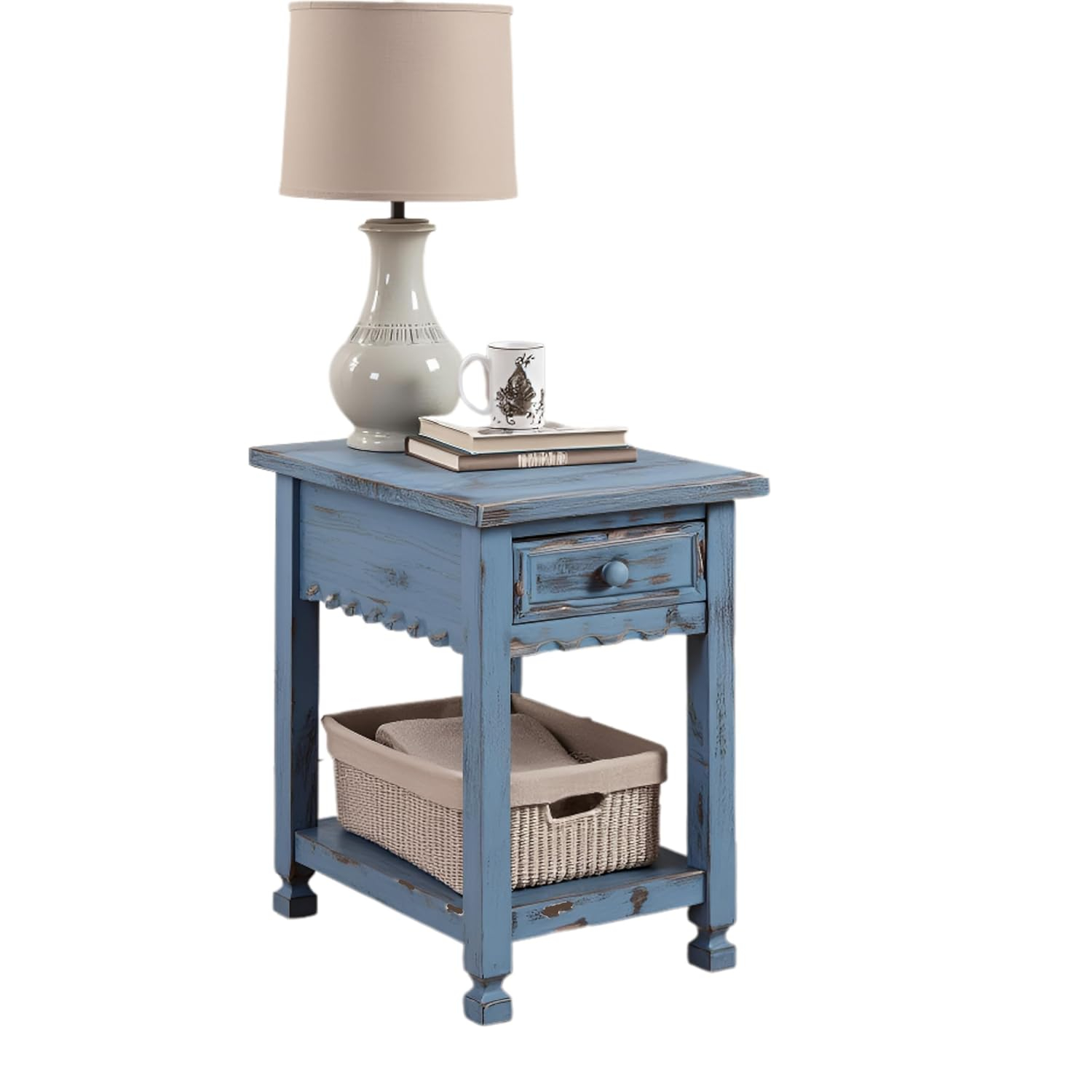 Alaterre Furniture Country Cottage Chairside End Table with 1 Drawer and 1 Shelf, Square Turned Legs, Farmhouse Style for Living Room, Antique Blue Finish