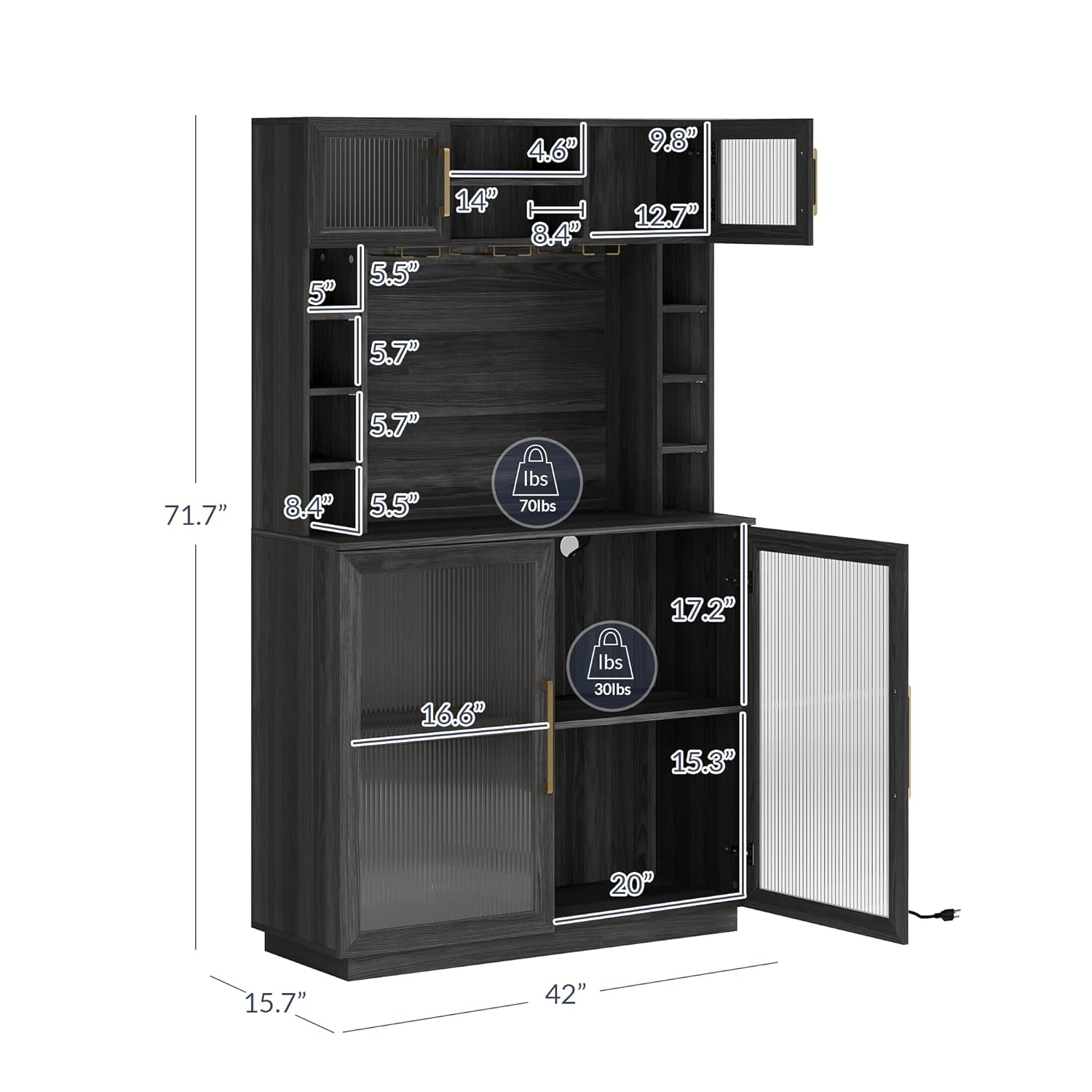 BELLEZE Coffee Wine Bar Cabinet with Power Outlet, 72" Rustic Liquor Cabinet, Tall Buffet Cabinet with Storage Kitchen Pantry Cupboard Wine& Glasses Rack Server with Hutch for Home Dining Room, Ebony