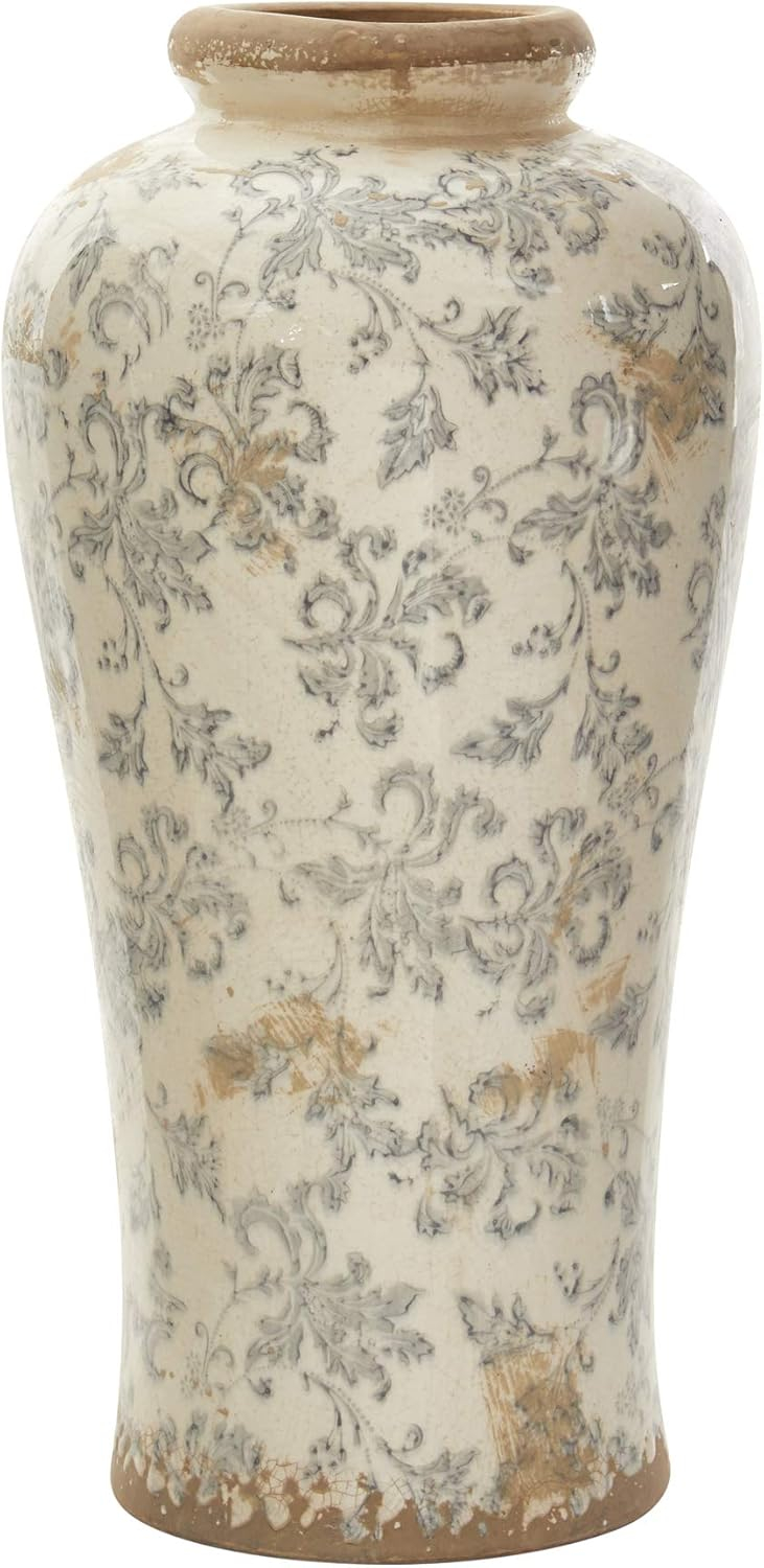 Nearly Natural 16in. Tuscan Ceramic Floral Scroll Urn Vase