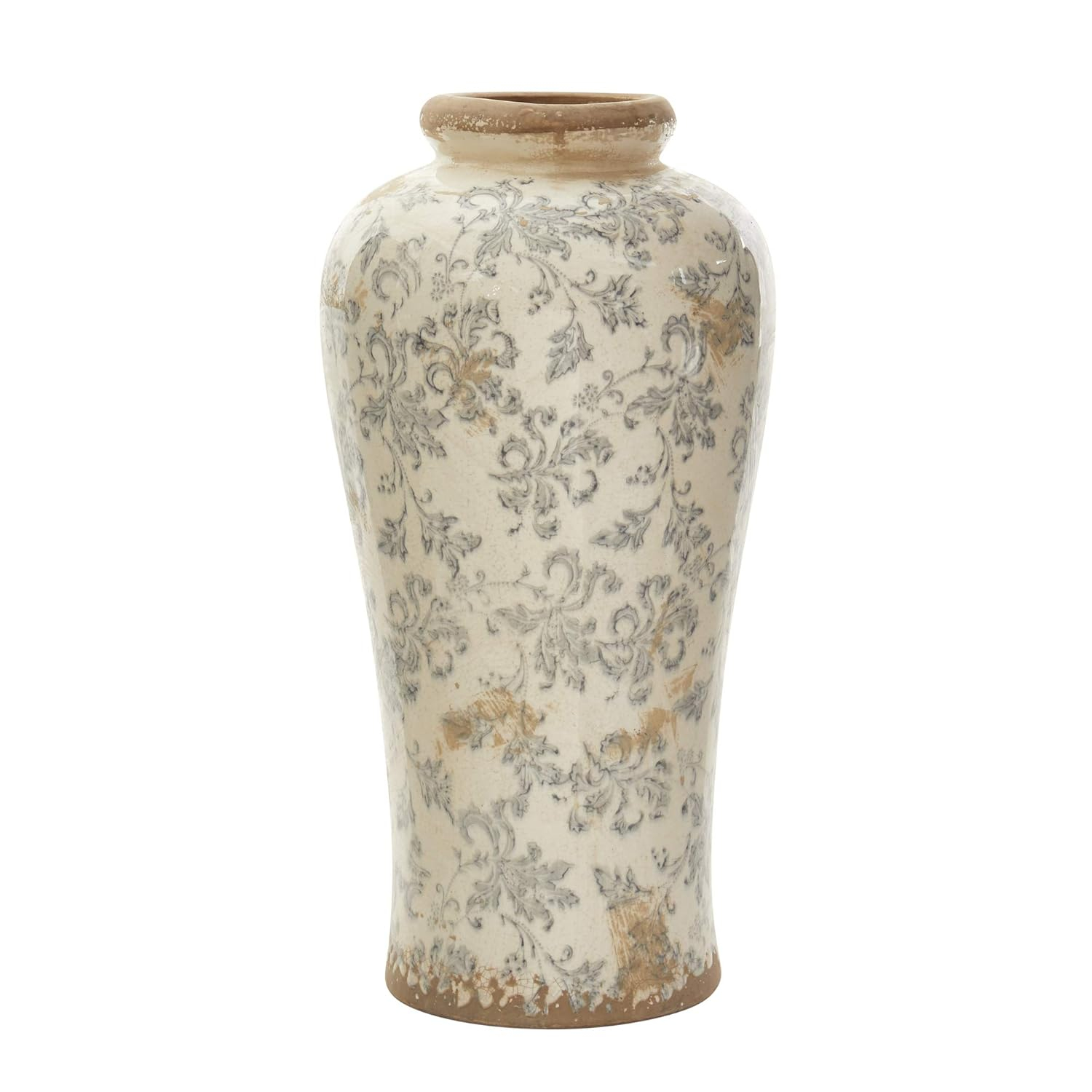 Nearly Natural 16in. Tuscan Ceramic Floral Scroll Urn Vase